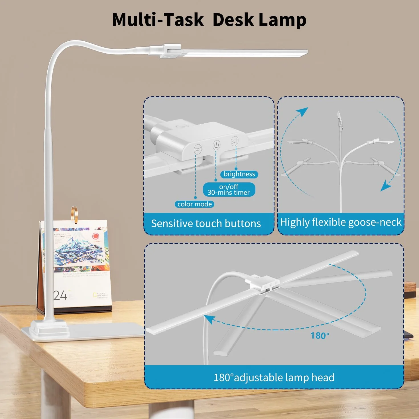 KableRika Lámpara Escritorio LED para Oficina, Flexo Escritorio de Doble Cabezal con Base, Luz de Arquitecto Regulable, luz monitor con Temporizador, para Leer, Estudiar y Oficina en el Hogar - Blanco