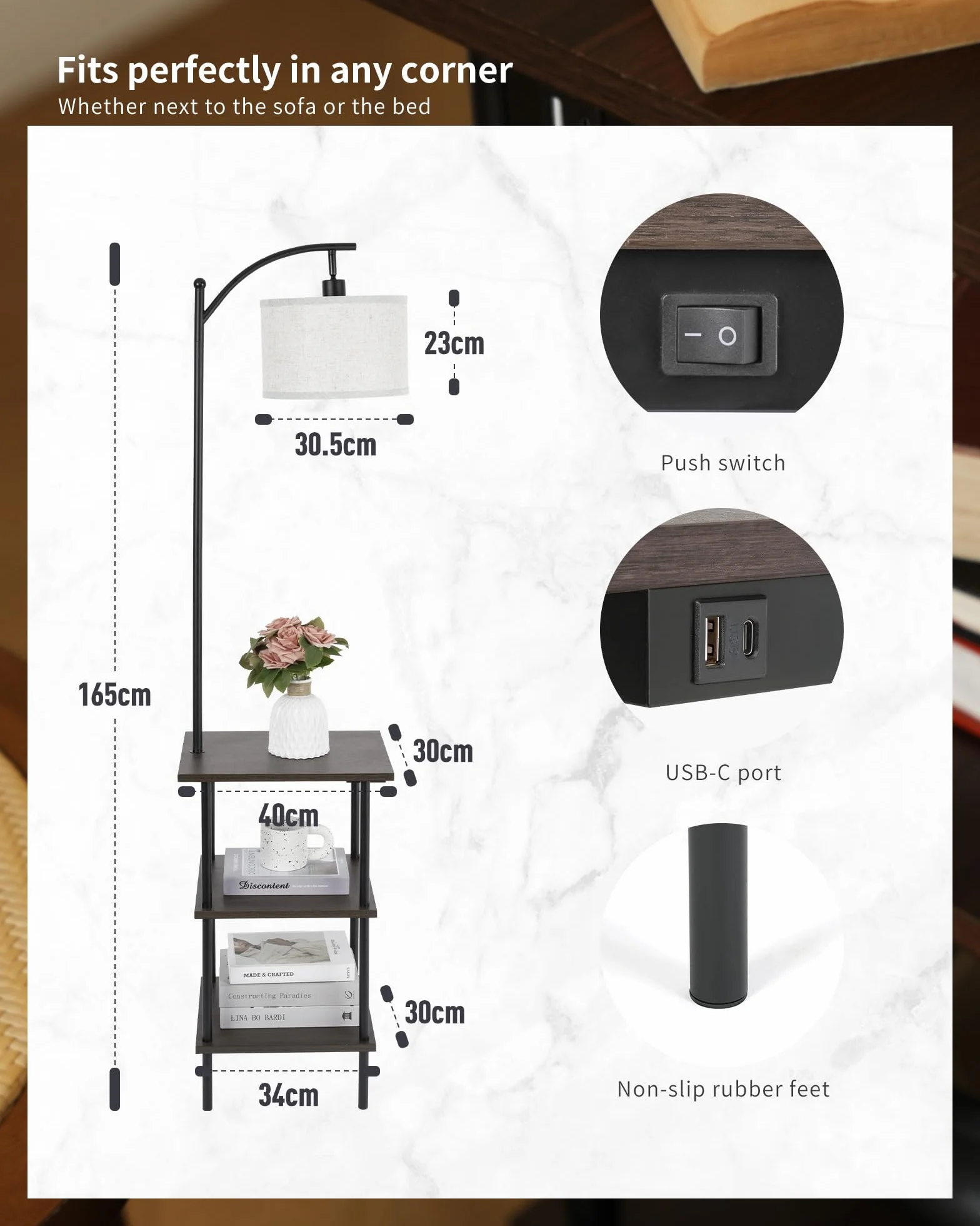 Lámpara de Pie Vintage Nogal con Estantes y Estación de Carga, E27 Giratoria, 3 Niveles