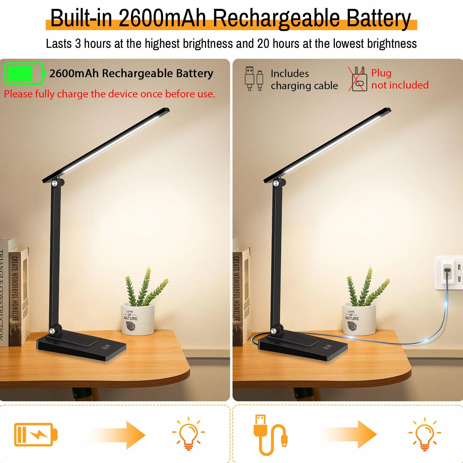Lámpara Escritorio LED, 800LM 2600mAh Flexo LED Escritorio sin Cable, 5 Modos, 5 Niveles de Brillo Lámpara de Mesa Aluminio & Plegable con Puerto USB para Cama, Estudiar