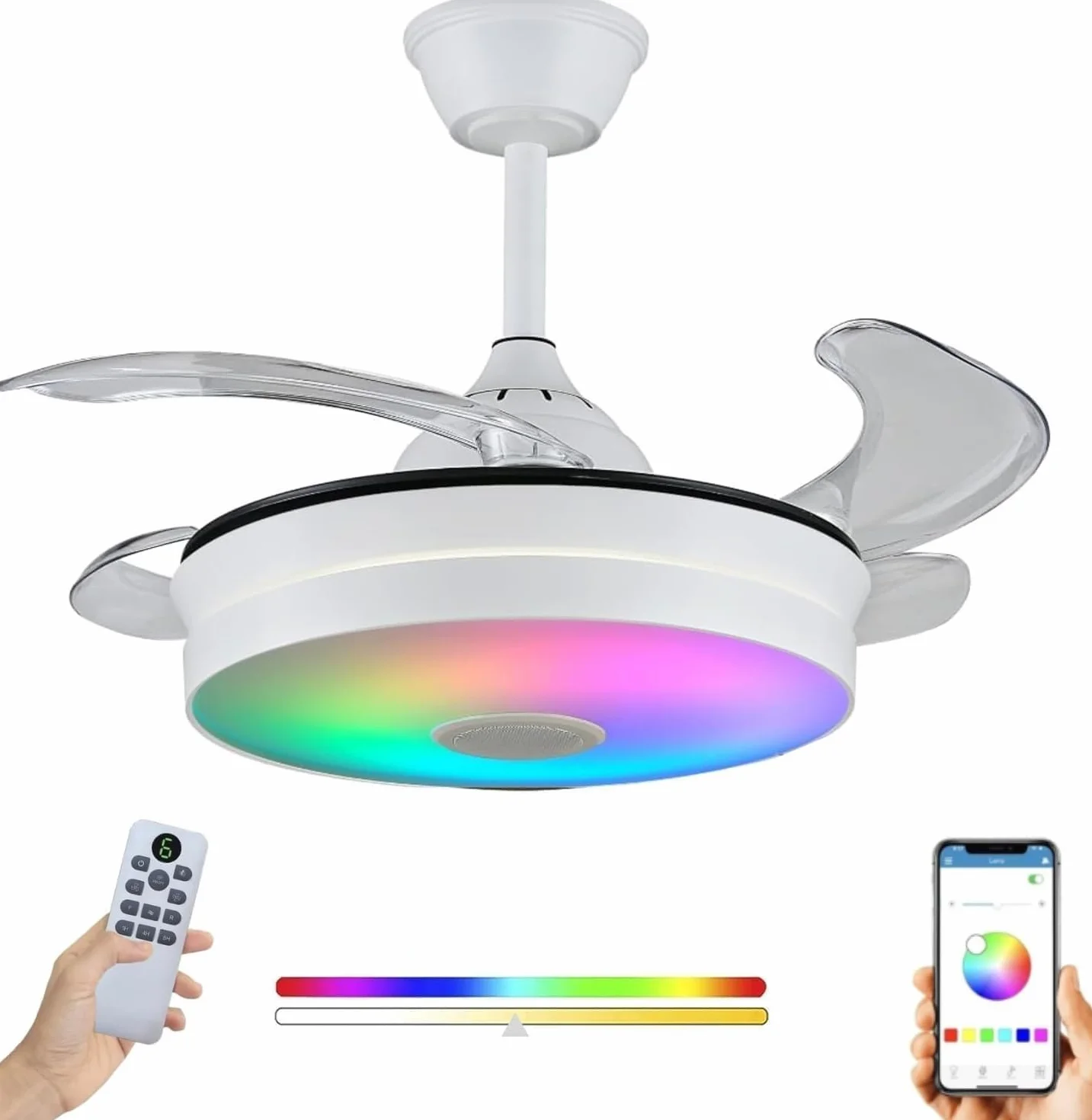 LUMIKING Ventilador de Techo con Luz LED - Aspas Retráctiles, Música y RGB - Silencioso con Lámpara y Moderno con Mando a Distancia, Bluetooth y APP para Salón y Dormitorio (92 cm)