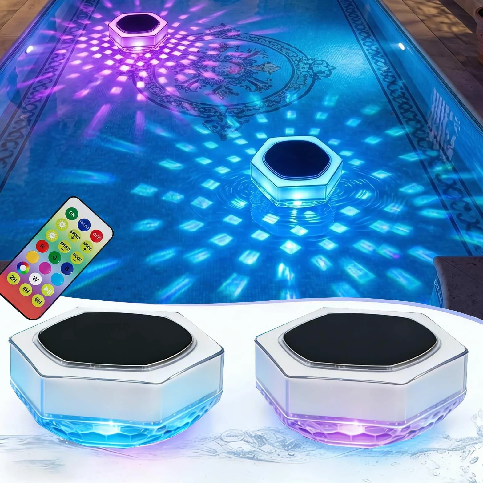 Cozymeow 2 Pieza Luces Flotantes Piscina Solares LED RGB 7 Colores IP68 Impermeable Control Remoto Temporizador