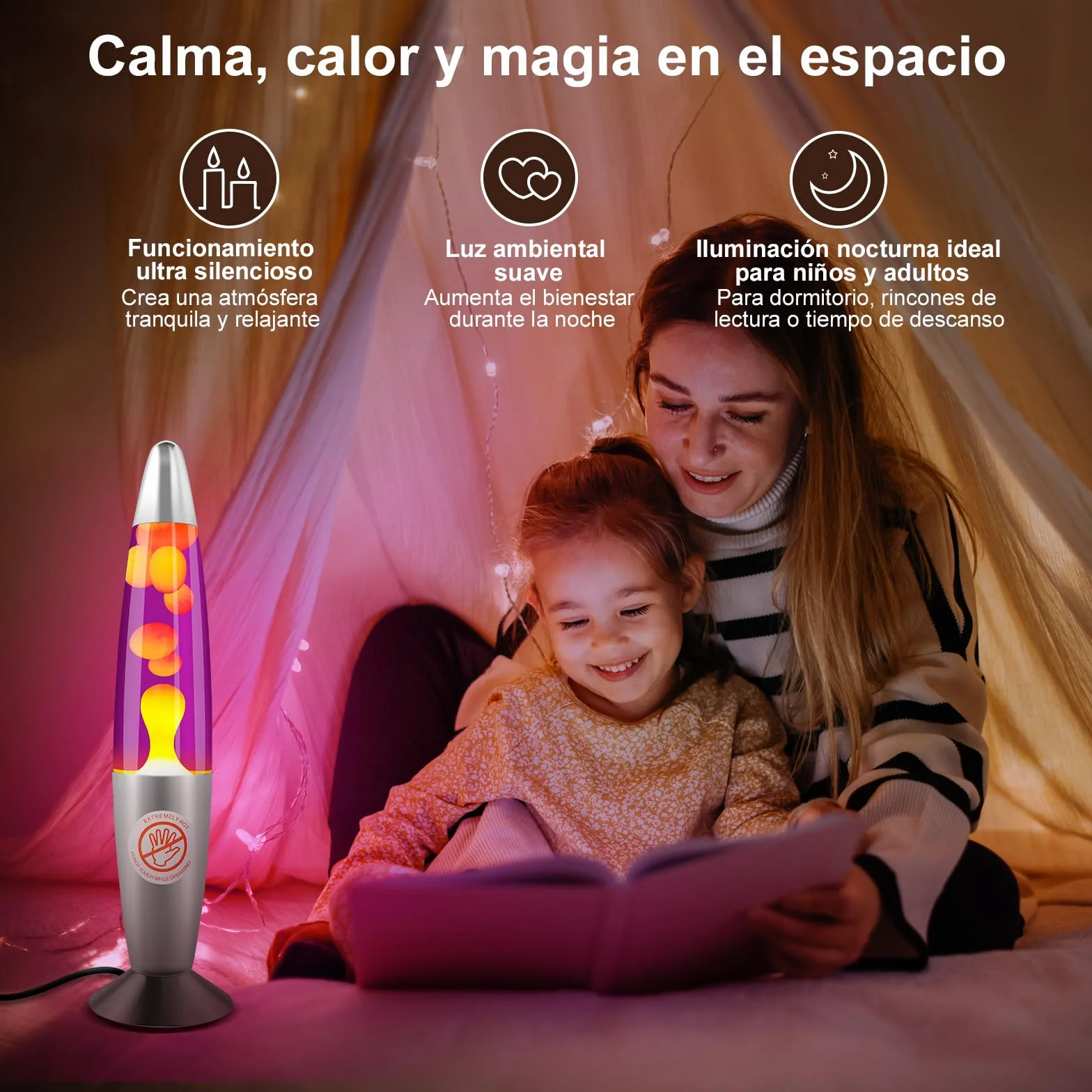 Lámpara de lava retro 34 cm violeta y amarilla – decorativa y relajante, aluminio y vidrio – para dormitorio y salón, regalo original – E14 R39 25 W, 2 bombillas incluidas