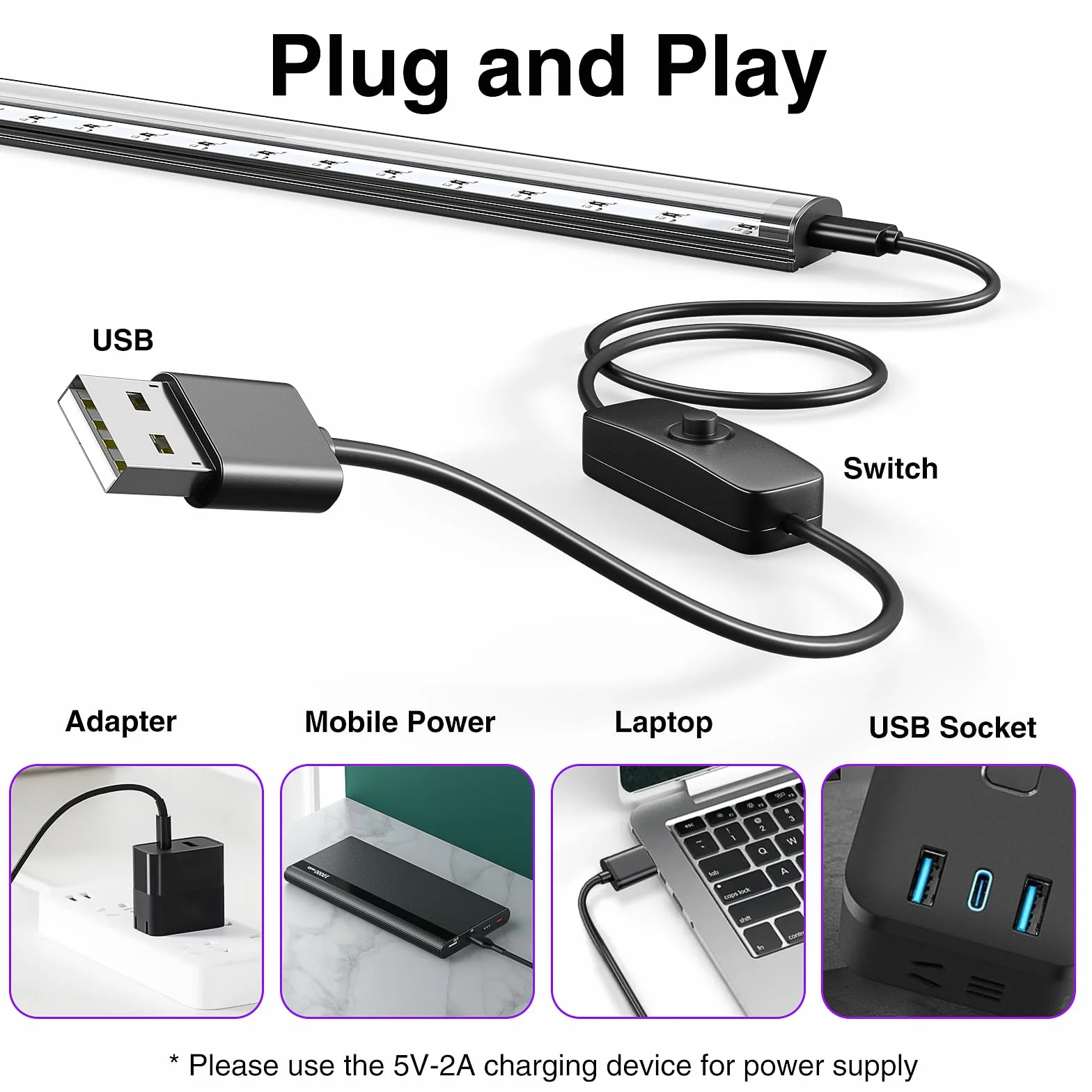 Onforu 10W tubo de luz negra, USB 28cm lámpara, 385-400nm luz UV, negra LED UV bar para discoteca, club, fiesta de resplandor, accesorios de fiesta, decoración de Halloween,4pcs
