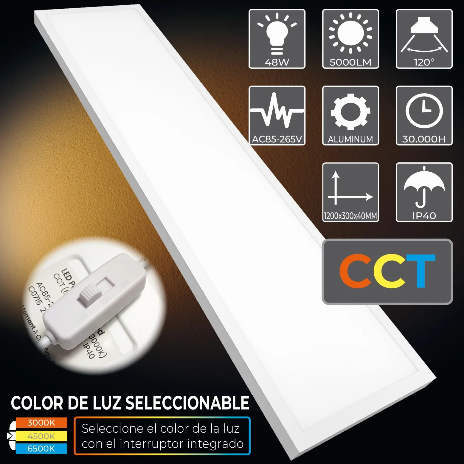 Plafon LED Panel Superficie 120x30cm 48W CCT 5000 Lumenes