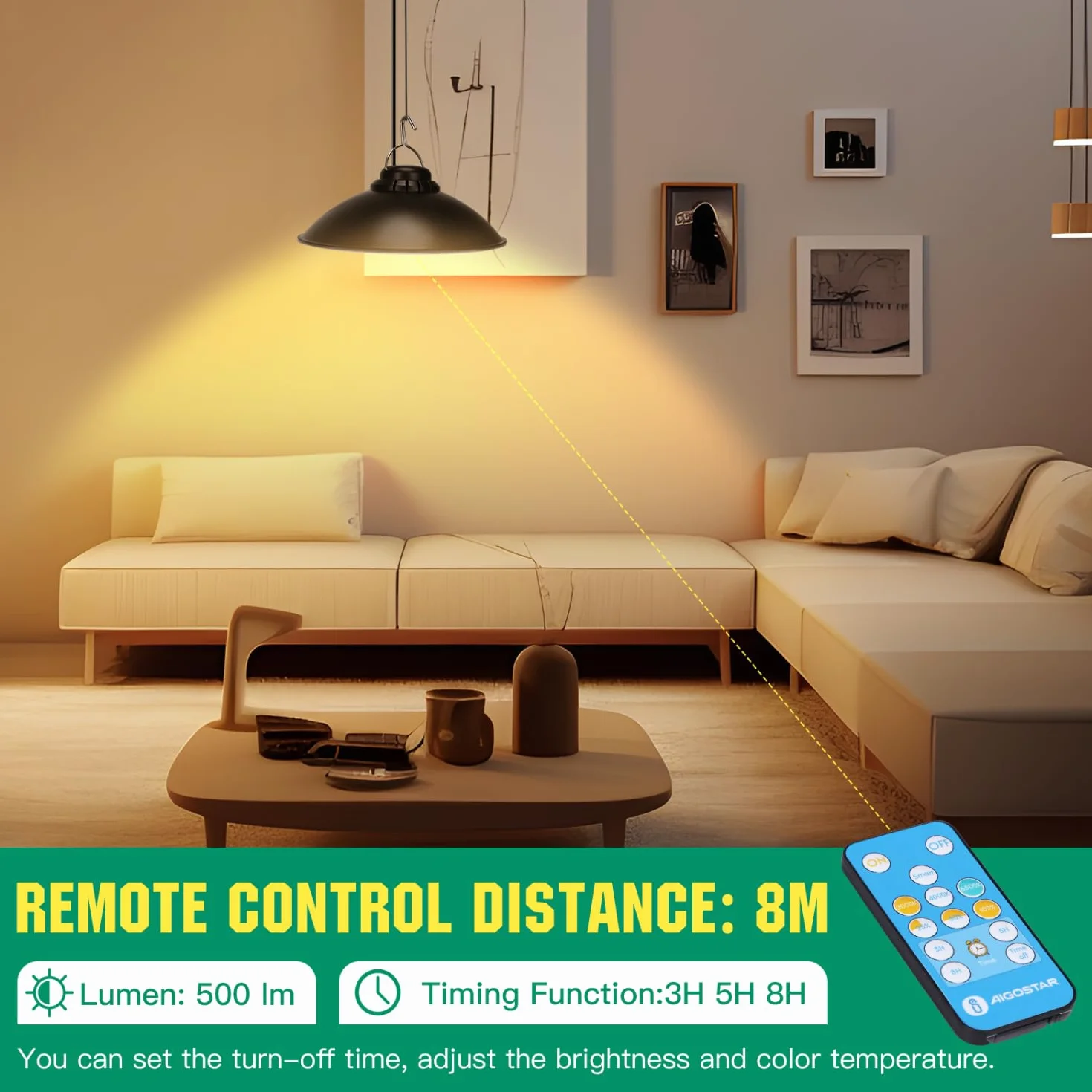 Aigostar - Luz solar exterior con mando a distancia,batería de gran capacidad y resistente al agua IP65, regulable, Lámpara de techo solar con cable de 3 m para jardín/interior/exterior