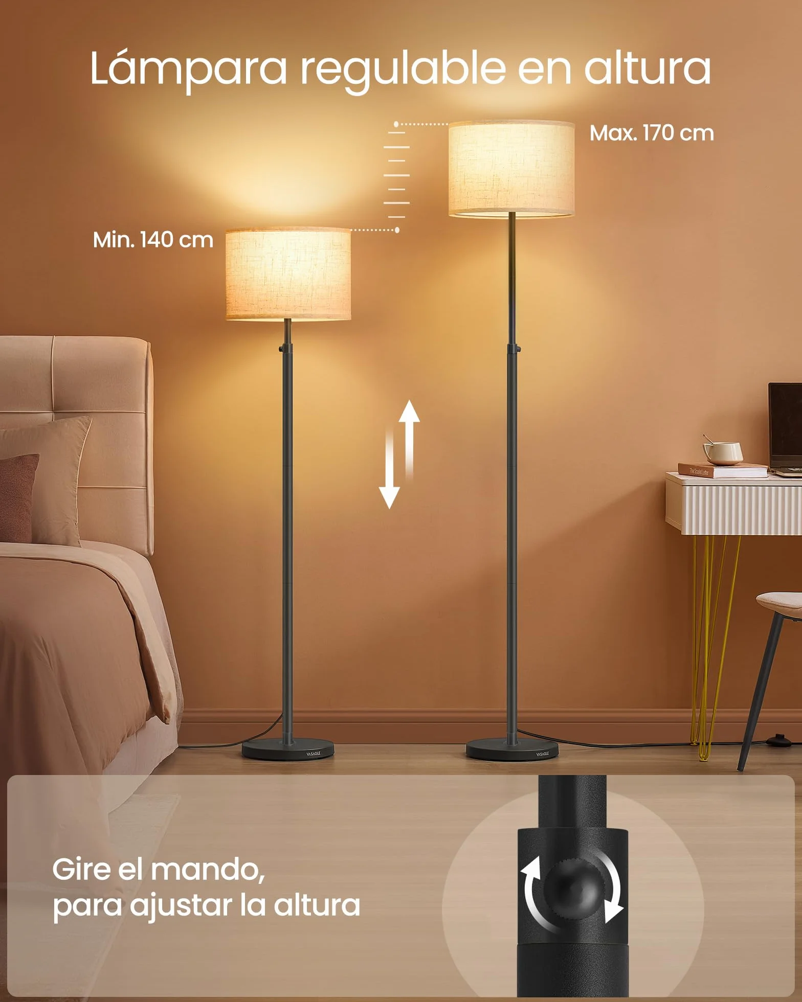 VASAGLE Lámpara de Pie Regulable en Altura 140-170 cm E27 Negro Tinta