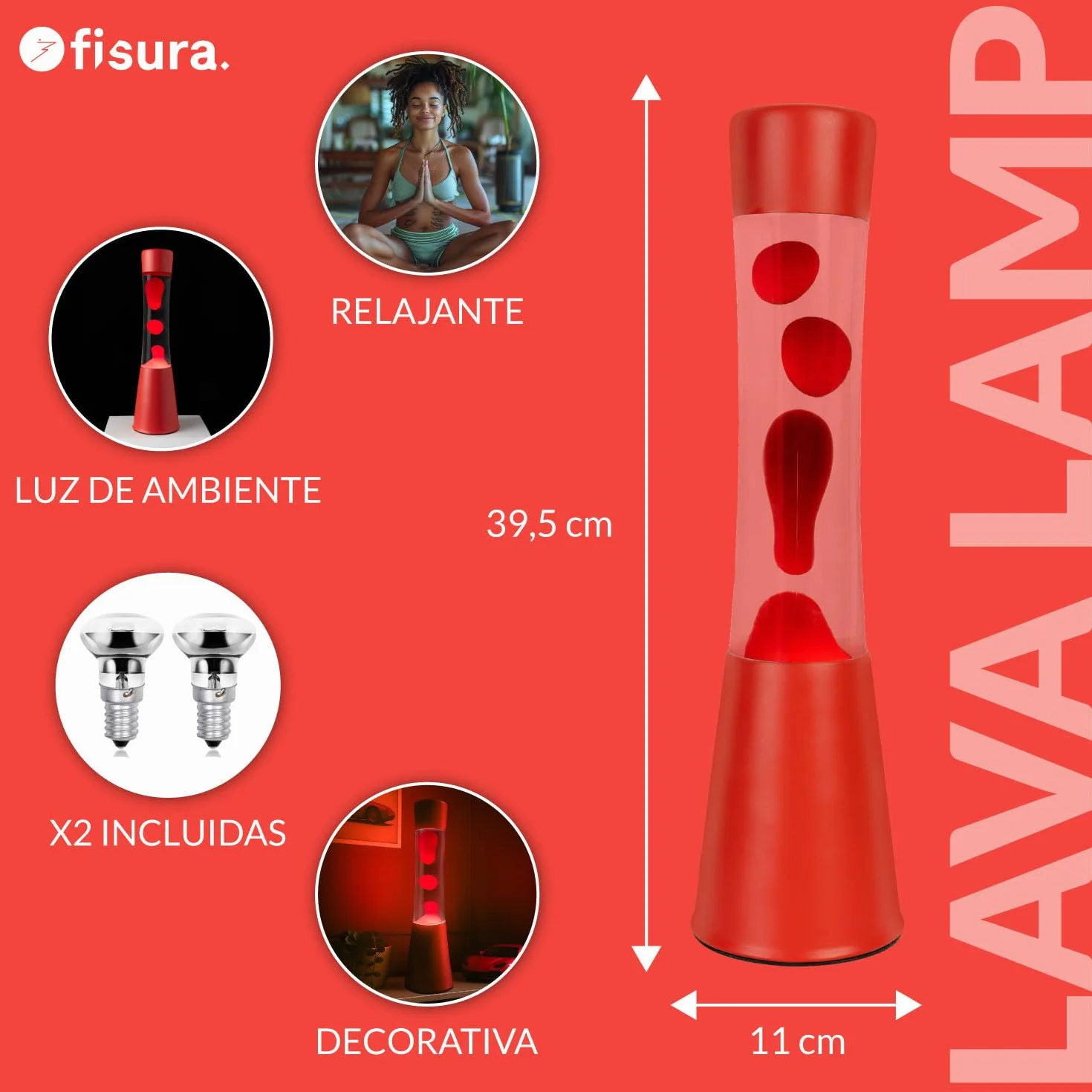 Fisura - Lámpara de lava roja. Base y lava roja con líquido transparente. Lámpara efecto relajante. Con bombilla de repuesto. 11 cm x 11cm x 39,5 cm.