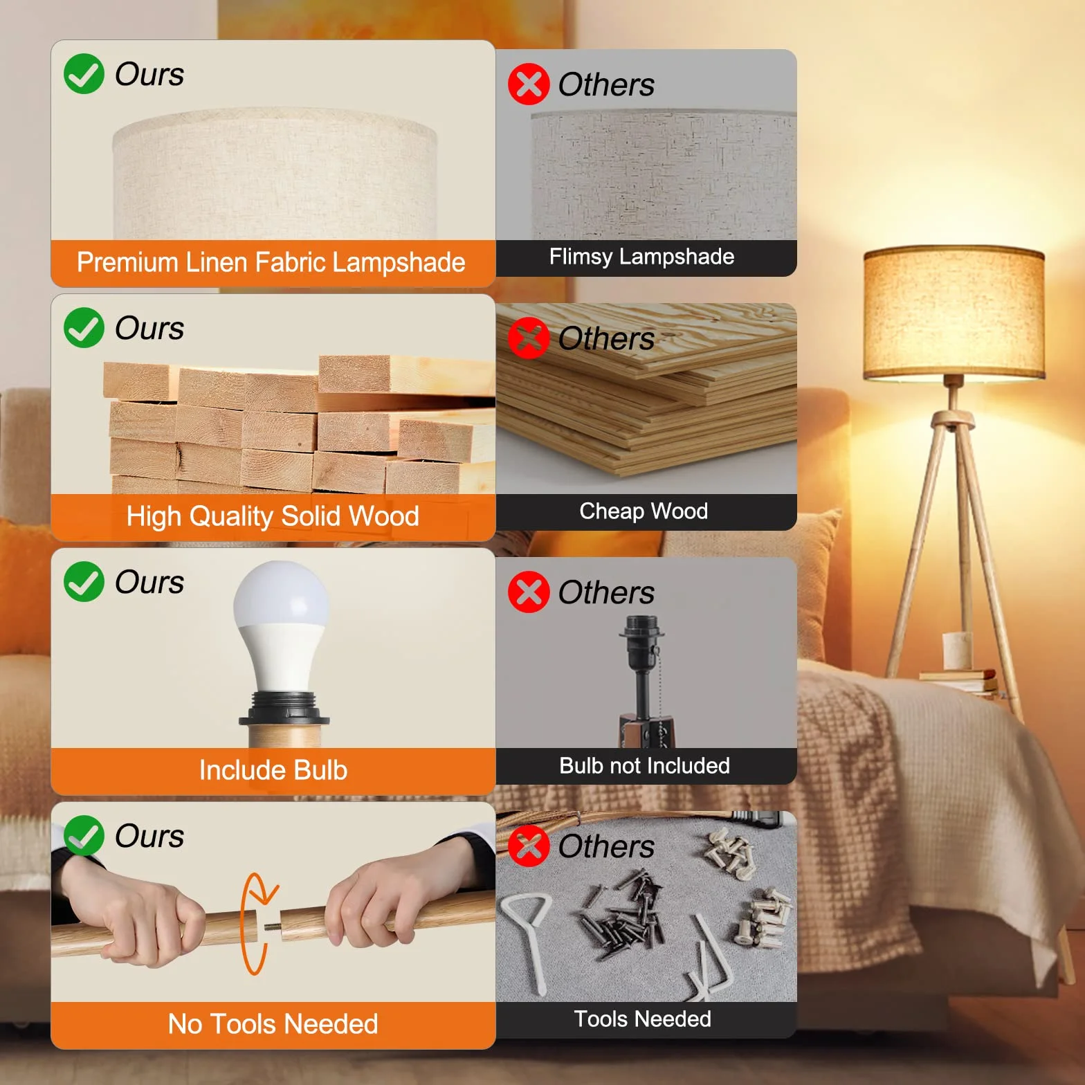 OUTON Lámpara de Pie con Control Remoto, Ajustable, 4 Temperaturas de Color, Temporizador 1H, Madera