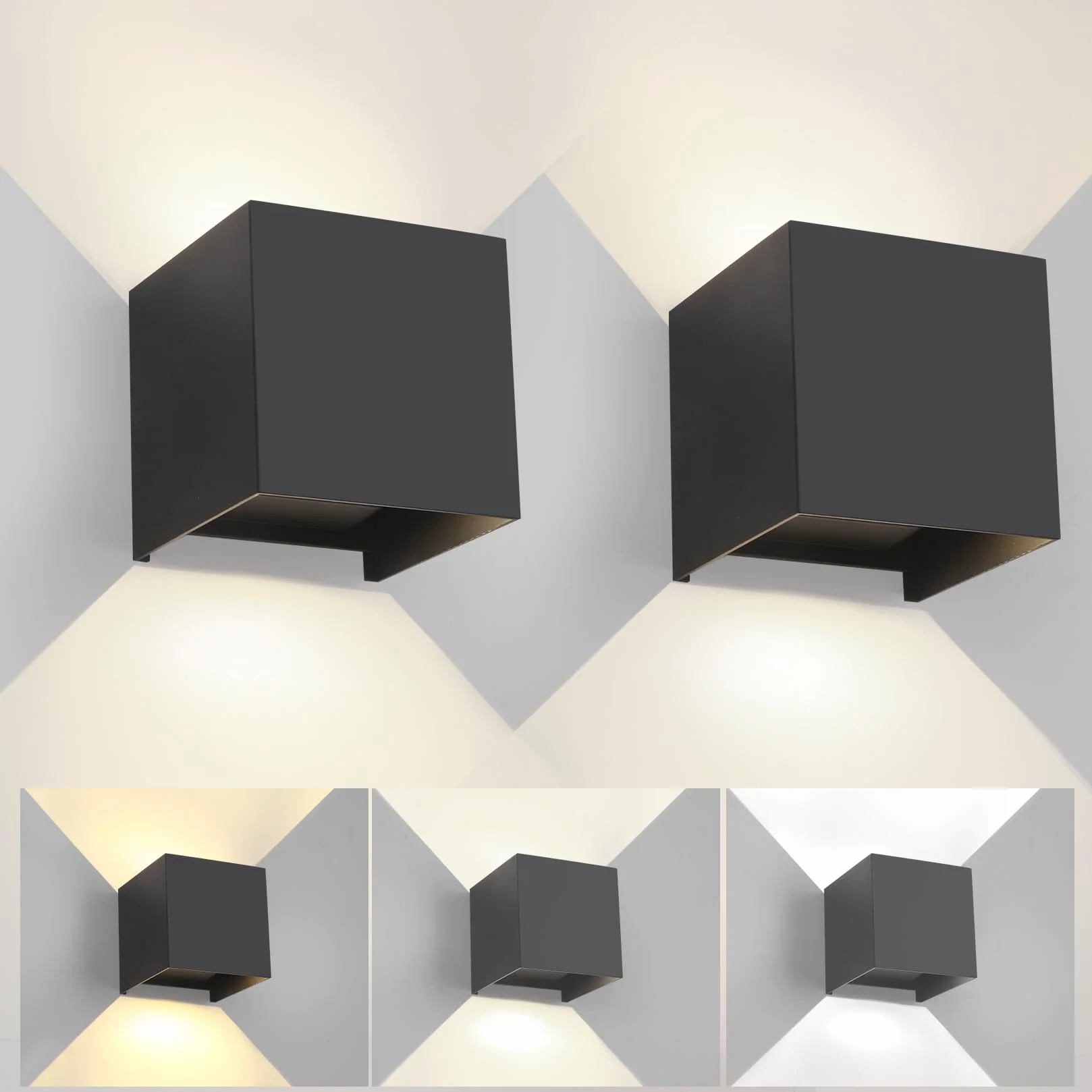 2 Piezas Aplique de Pared Exterior Interior Luz Ajustable de 3 Colores LED Lámparas de Pared Moderno Negro 15W IP65 Impermeable Apliques de exterior cuadrada de aluminio Ángulo de luz ajustable 11CM