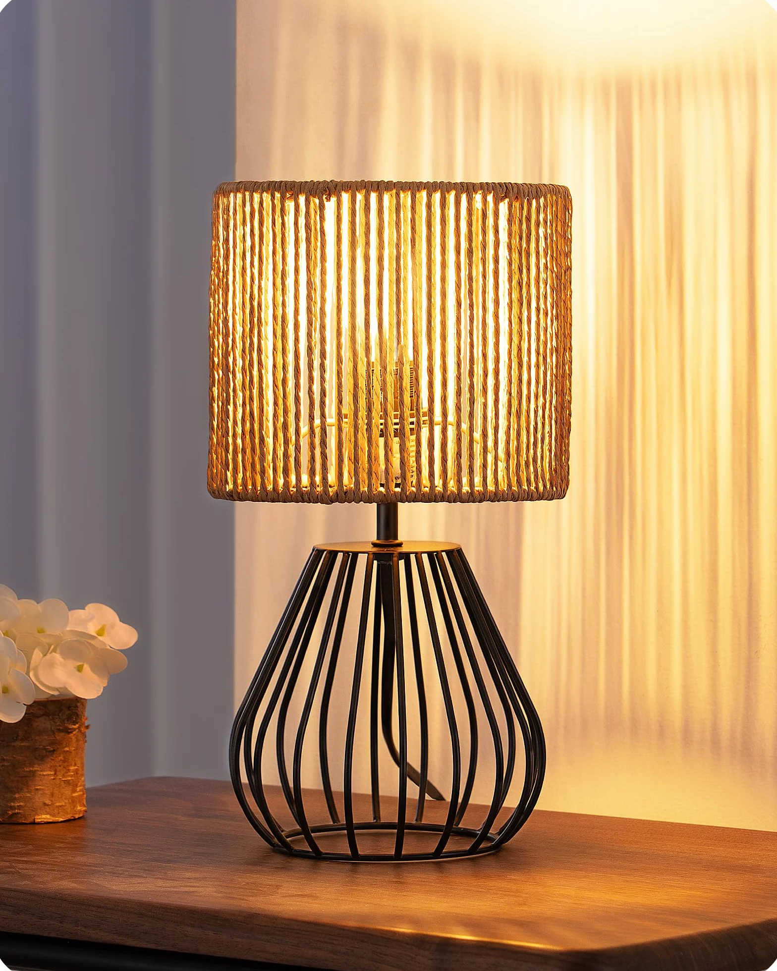 EDISHINE Lámpara de Mesa Vintage, con Pantalla Bohemia Tejida a Mano y Base de Hierro, Incluye Bombilla LED con Luz Blanca Cálida de 2700K, Ideal para Dormitorio, Sala de Estar y Oficina