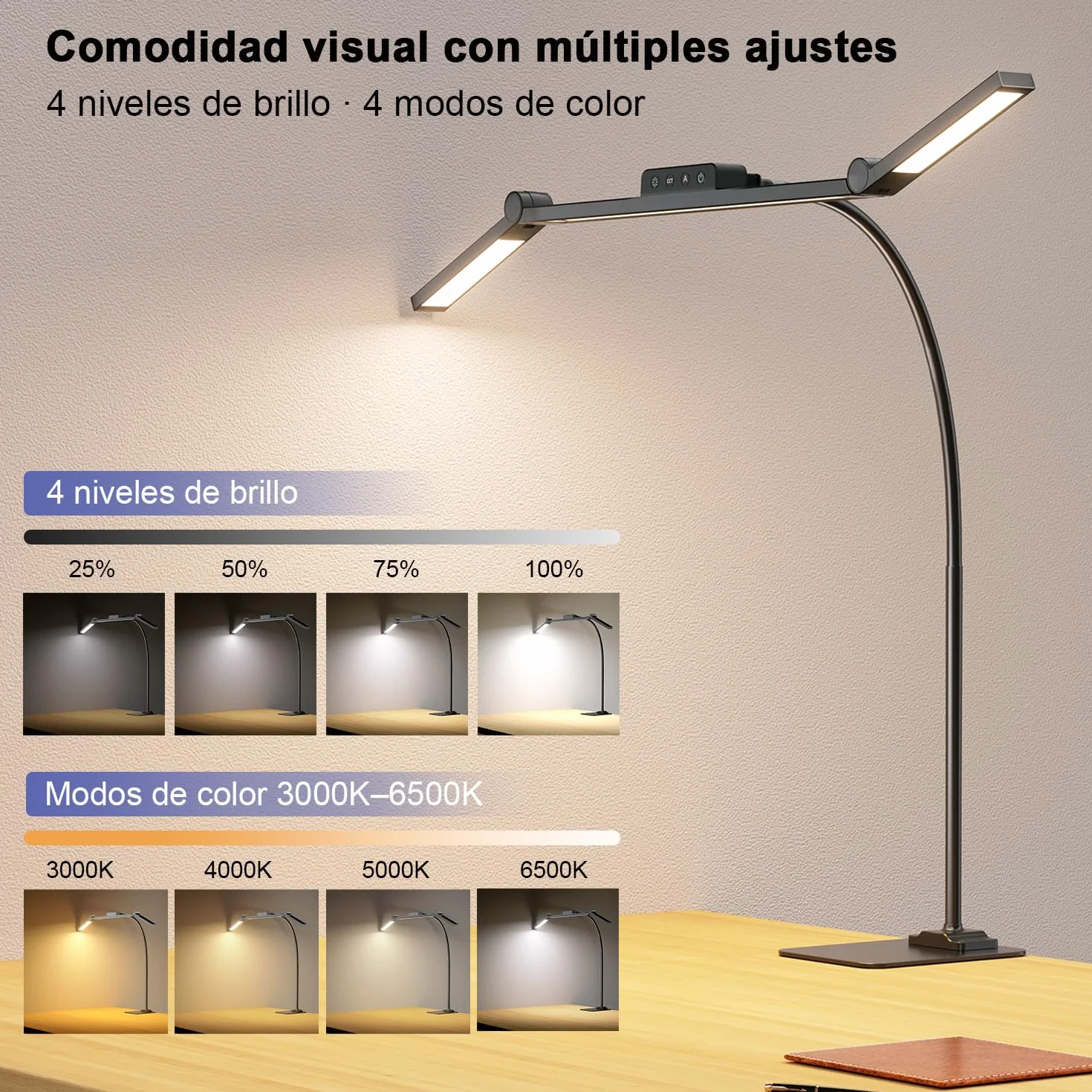 KableRika Lámpara Escritorio LED, 24W Flexo Escritorio con Base, Luz de Arquitecto Regulable, luz monitor con Temporizador, 1500 lúmenes para Leer, Estudiar y Oficina en el Hogar