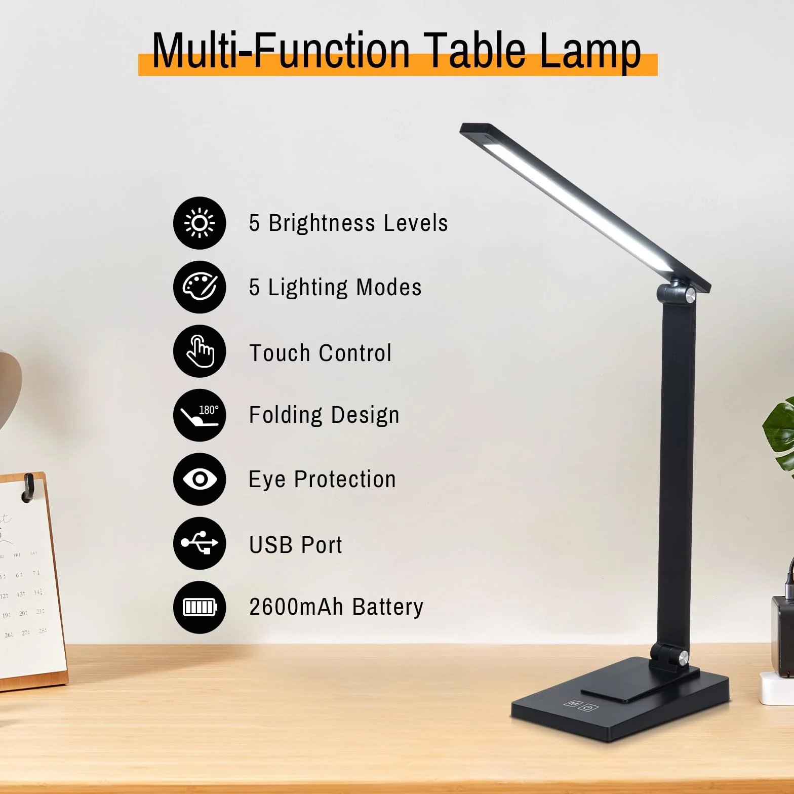 Lámpara Escritorio LED, 800LM 2600mAh Flexo LED Escritorio sin Cable, 5 Modos, 5 Niveles de Brillo Lámpara de Mesa Aluminio & Plegable con Puerto USB para Cama, Estudiar