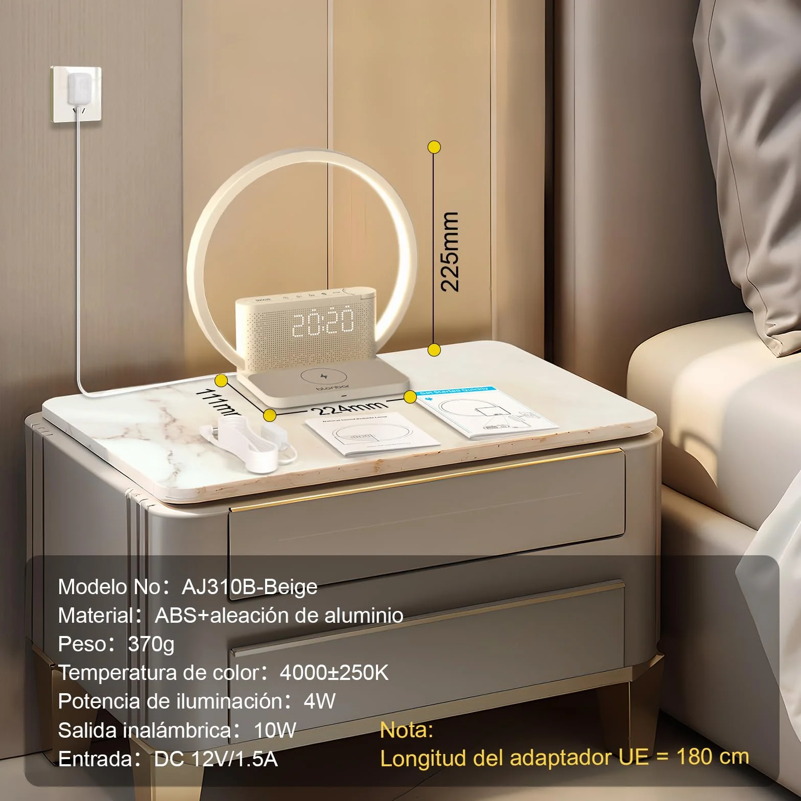 blonbar Lámpara de mesilla de noche con despertador iluminado, luz para despertarse, cargador inalámbrico de 10 vatios,3 niveles de brillo atenuación táctil, música, ayuda para dormir en el dormitorio