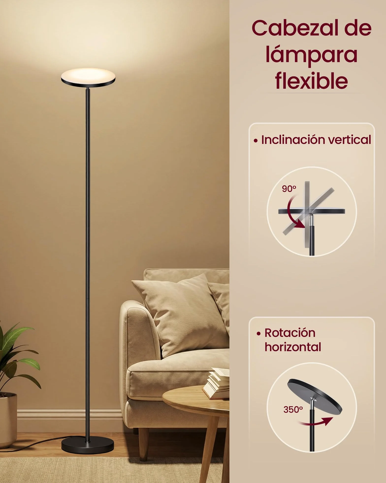 VASAGLE Lámpara de Pie LED 30 W Cabezal Orientable Negro Mate LFL018BD02
