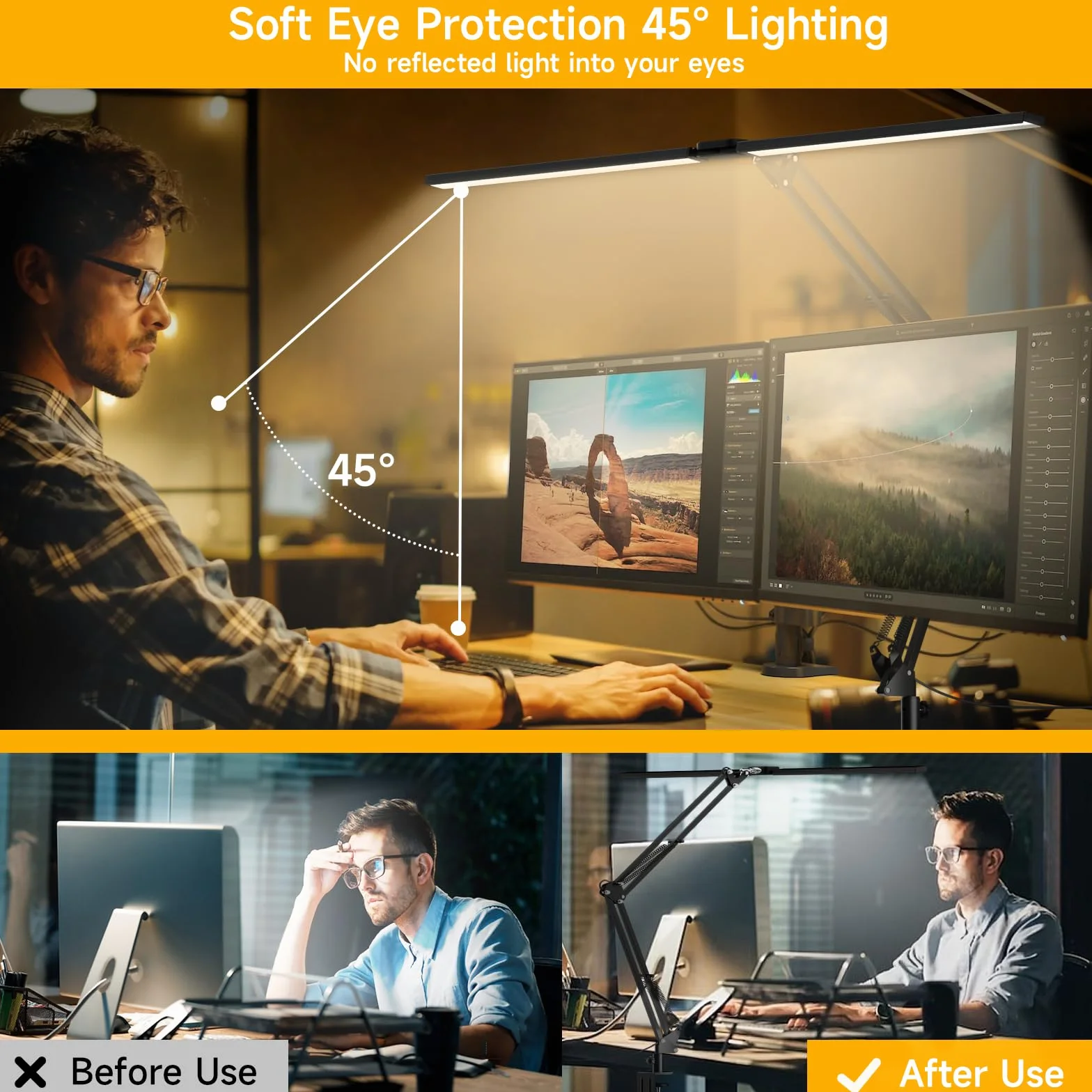 SKYLEO Lámpara LED Escritorio Doble Cabezal con Clip, 2400 LM, 24W, 5 Modos Temperatura Color, Control Remoto, Negro
