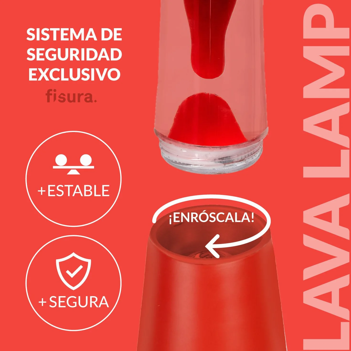 Fisura - Lámpara de lava roja. Base y lava roja con líquido transparente. Lámpara efecto relajante. Con bombilla de repuesto. 11 cm x 11cm x 39,5 cm.