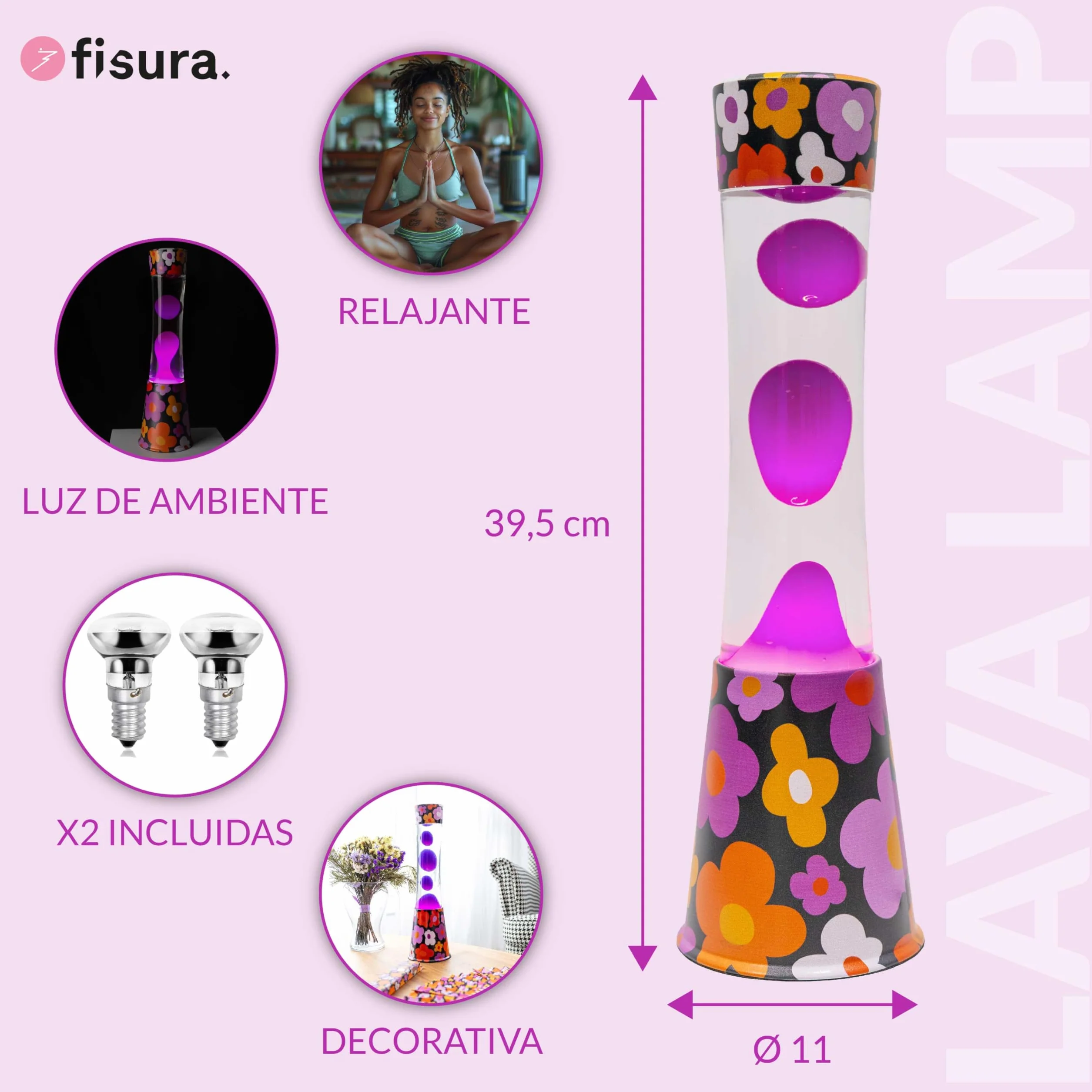 Fisura - Lámpara de lava “flores”. Base con estampado de flores, líquido transparente y lava rosa. Lámpara efecto relajante. Con bombilla de repuesto. 11 cm x 11cm x 39,5 cm.