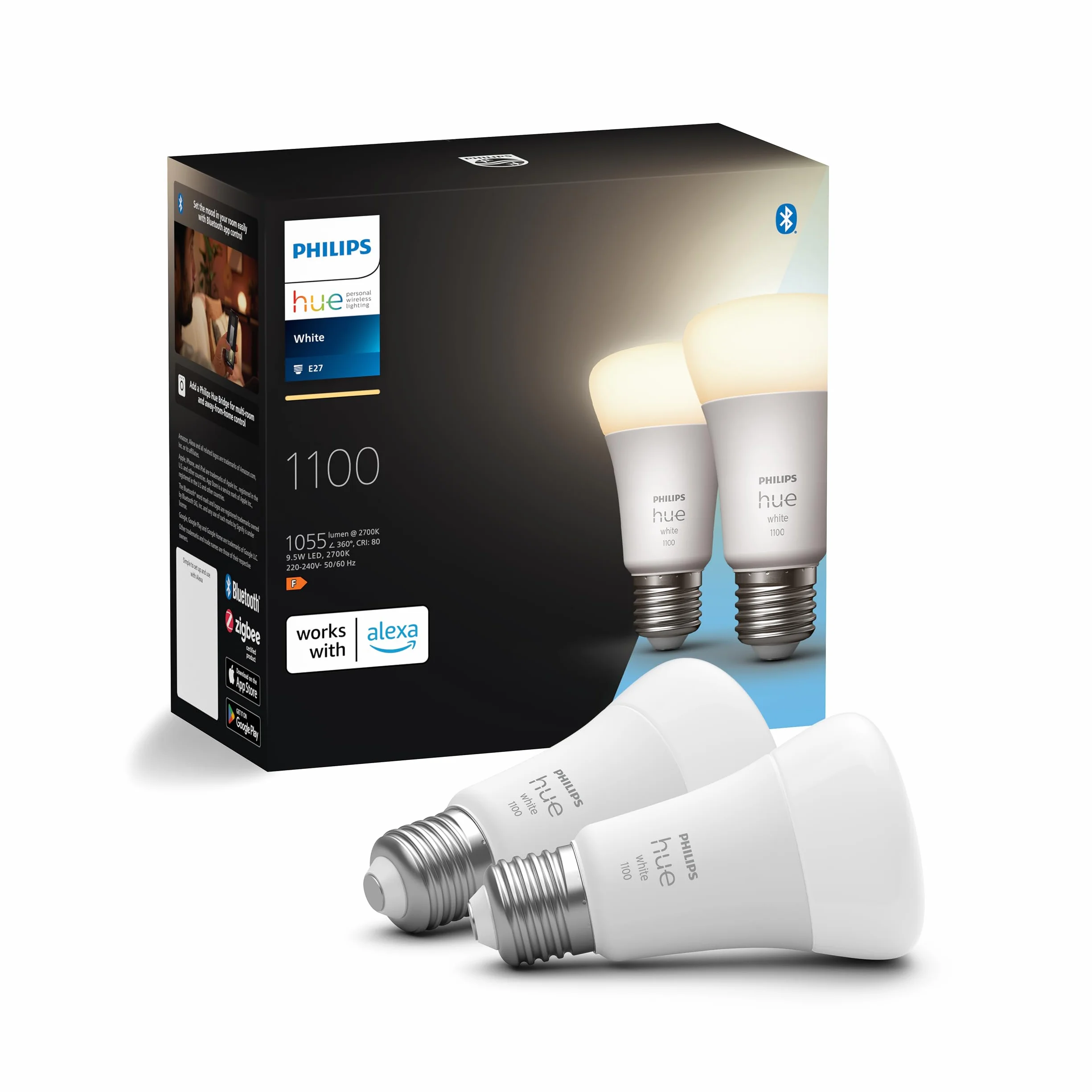 Philips Hue White E27 paquete individual 2x1055lm, regulable, luz blanca cálida, controlable a través de la aplicación, compatible con Amazon Alexa (Echo, Echo Dot)