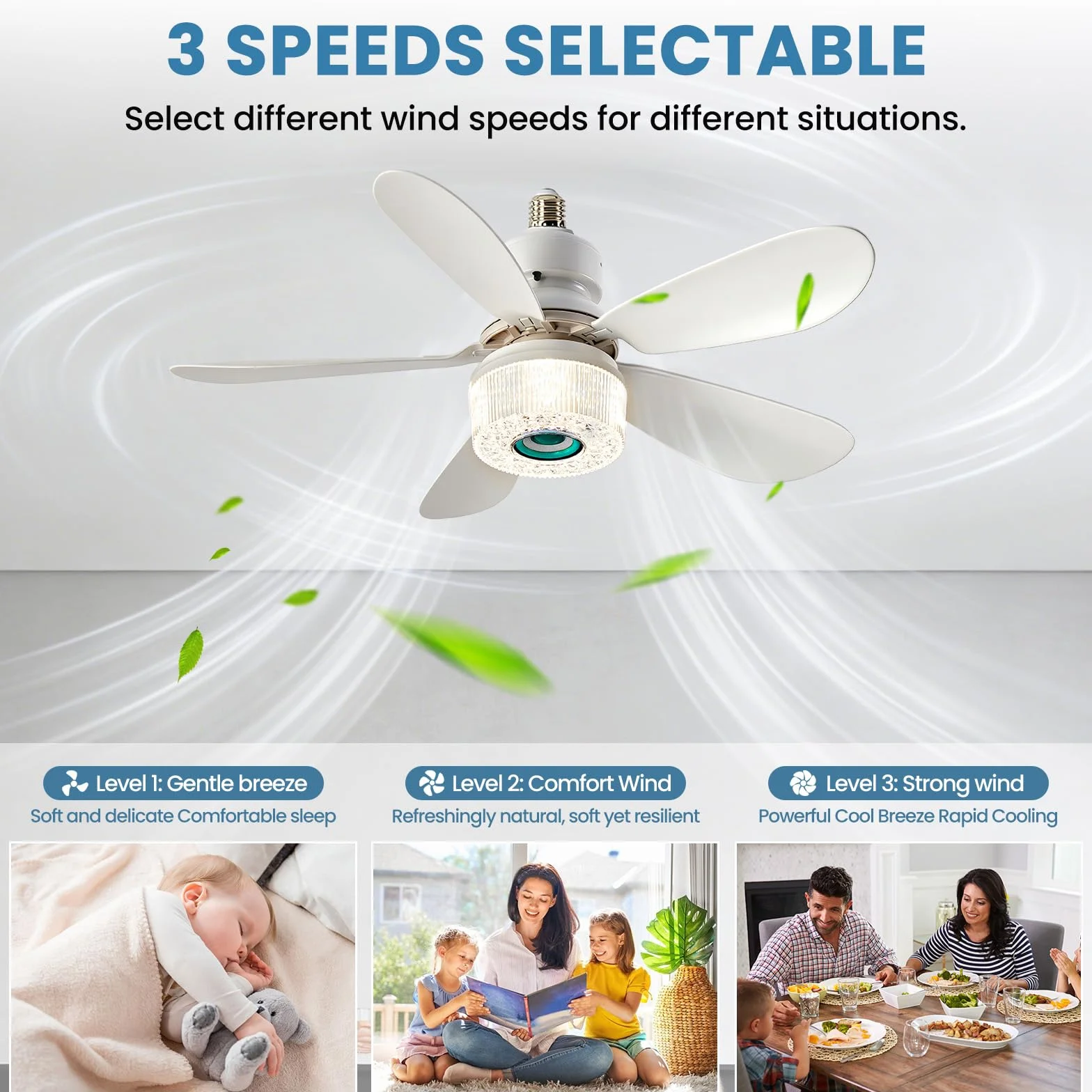 Ventilador de techo 52 cm 6 aspas RGB Altavoz Bluetooth Control Remoto 3 Velocidades Color Ajustable Verde