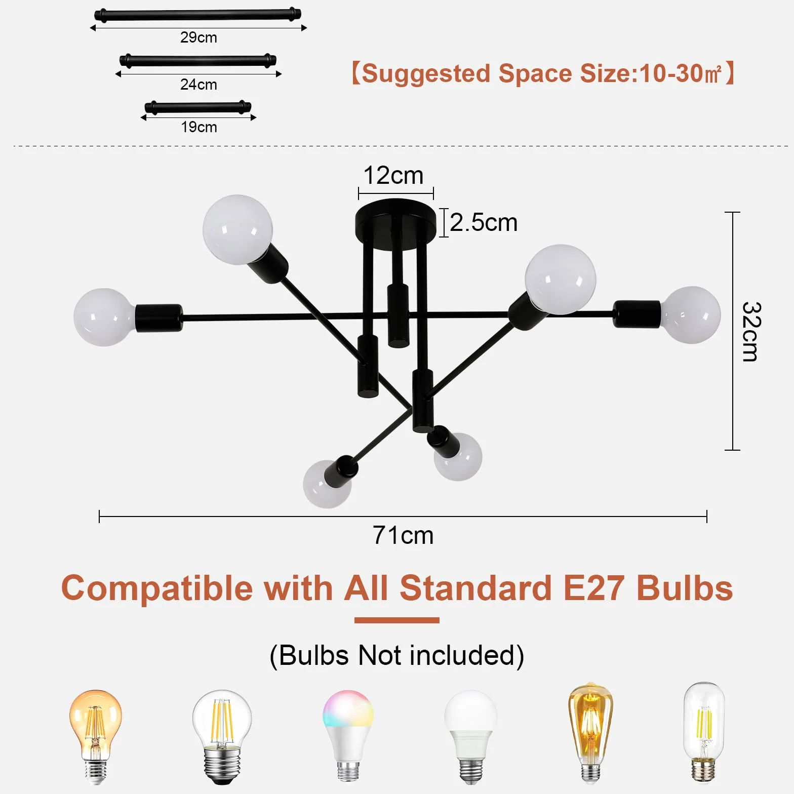 Goeco Lámpara de Araña Negro 70cm 6 Luces E27 Orientable 180° Metal