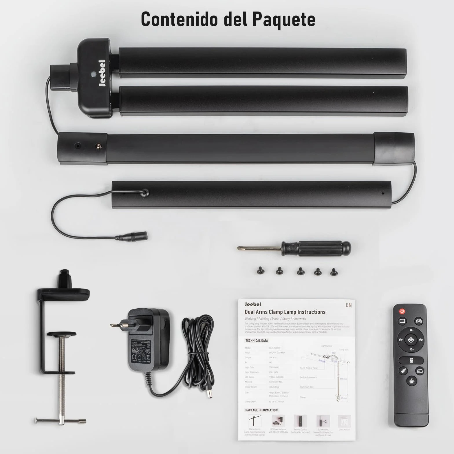 Jeebel Lámpara de Escritorio Pinza LED 24W 80cm Doble Cabezal 1800LM 10 Temperatura Color 10 Niveles Brillo