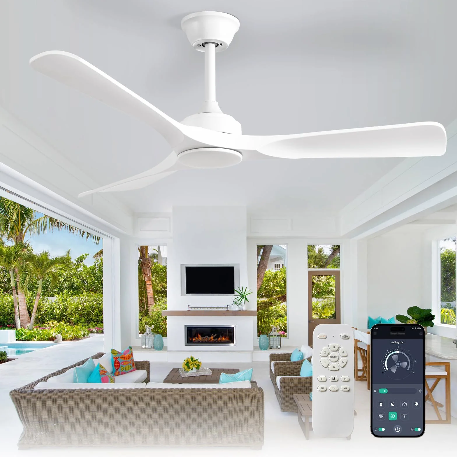 Depuley Ventilador de techo sin luz: Ventilador de exterior de 52 pulgadas con control remoto por aplicación para porches y terrazas - Ventilador de techo blanco sin luz, reversible, 6 velocidades