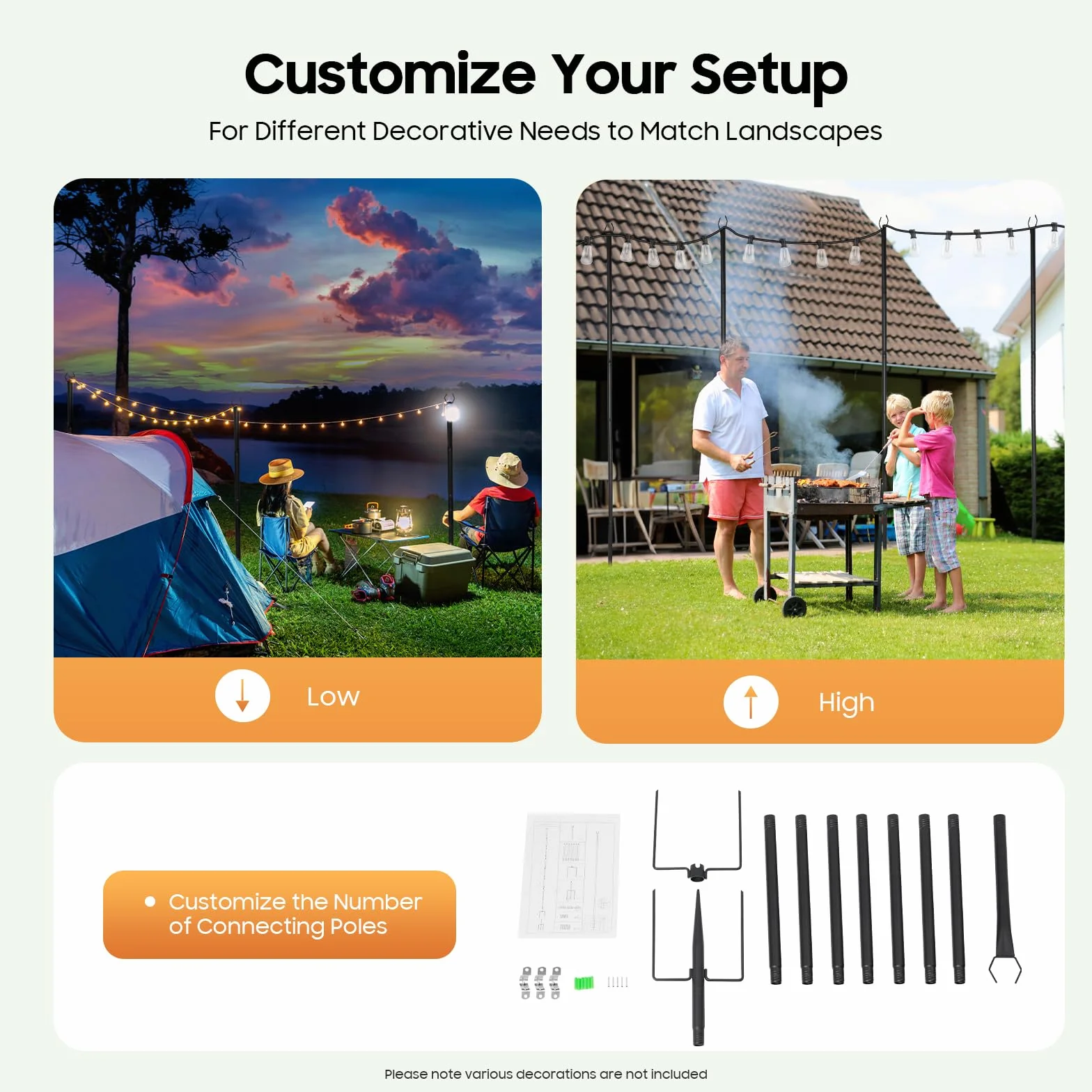 Gancho de Pastor, 4Pzs Postes de Luces de Cadena, Colgador de Pie con Base de 5 Puntas, Ajustable Estaca Jardín Resistente para Exteriores Patios Jardines Camping Iluminación Decoración