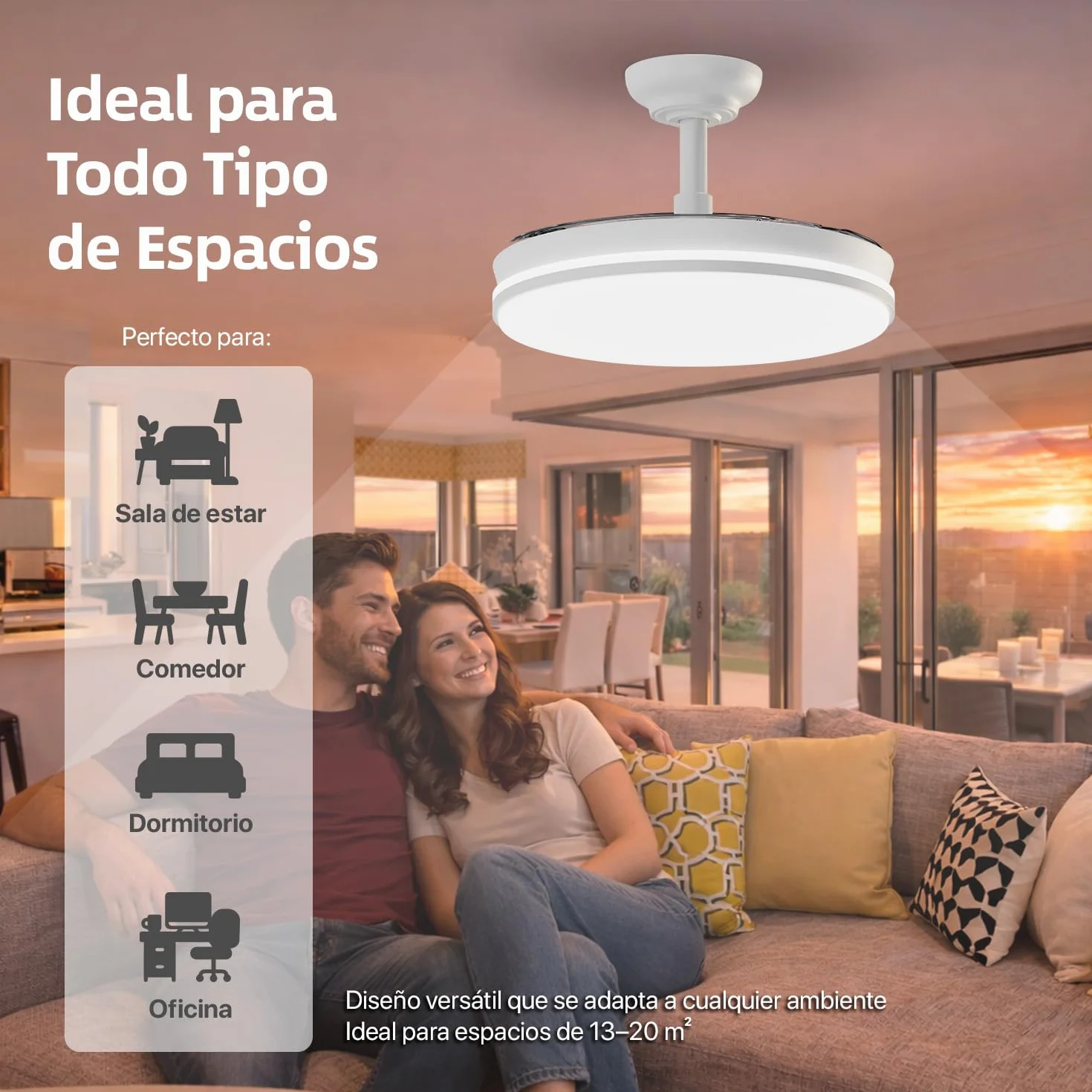 LEDUNI Ventilador con Luz LED 72w 7590LM con mando a distancia, Motor DC temporizador, 6 velocidades, aspas retráctiles, 3 temperaturas de luz, función verano-invierno Silencioso (Blanco)