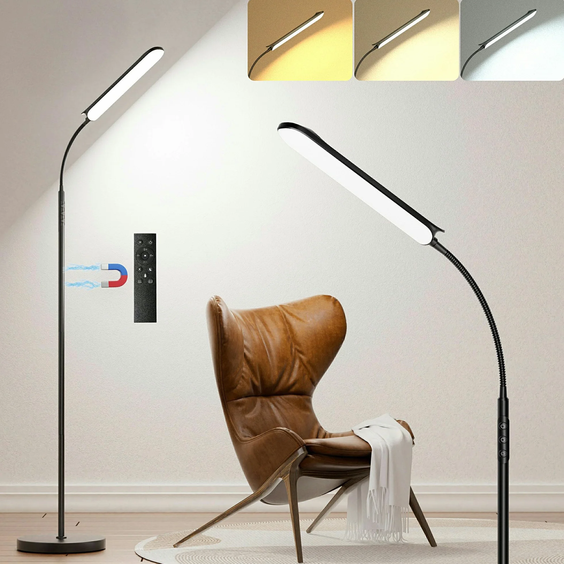 Lampara de Pie LED Regulable 18W Control Remoto Botones Tactiles Ajuste Temperatura Color Brillo Sala Estar Dormitorio Oficina