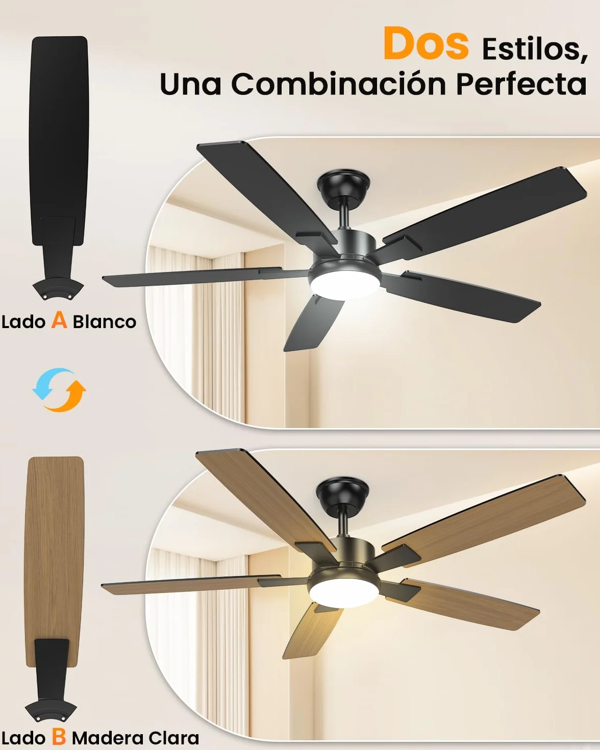 Ventilador de Techo con Luz Silencioso 132cm Aspas Reversibles Motor DC Regulable con Mando