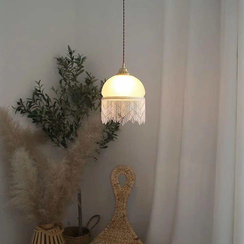 Lámpara colgante de cuentas vintage 7,4 pulgadas araña victoriana Shabby Chic vidrio esmerilado con flecos borla