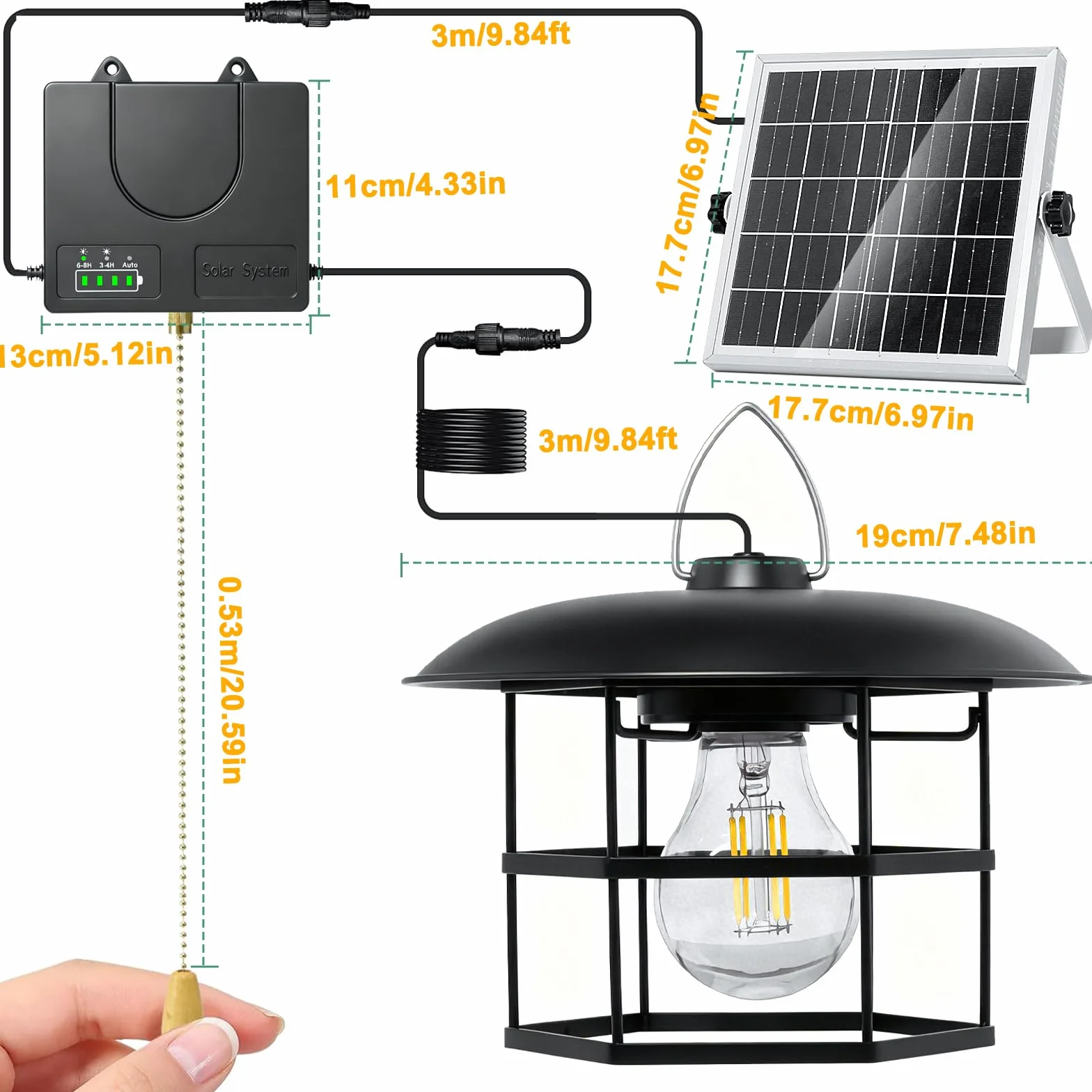 Lámpara Solar Colgante Exterior -3000ML Luz solar exterior con Cuerda de Tracción, Luces Solares Colgantes con 3 Modes, IP65 Impermeable, Lampara solar Exteriors para Jardín Patio Pérgola