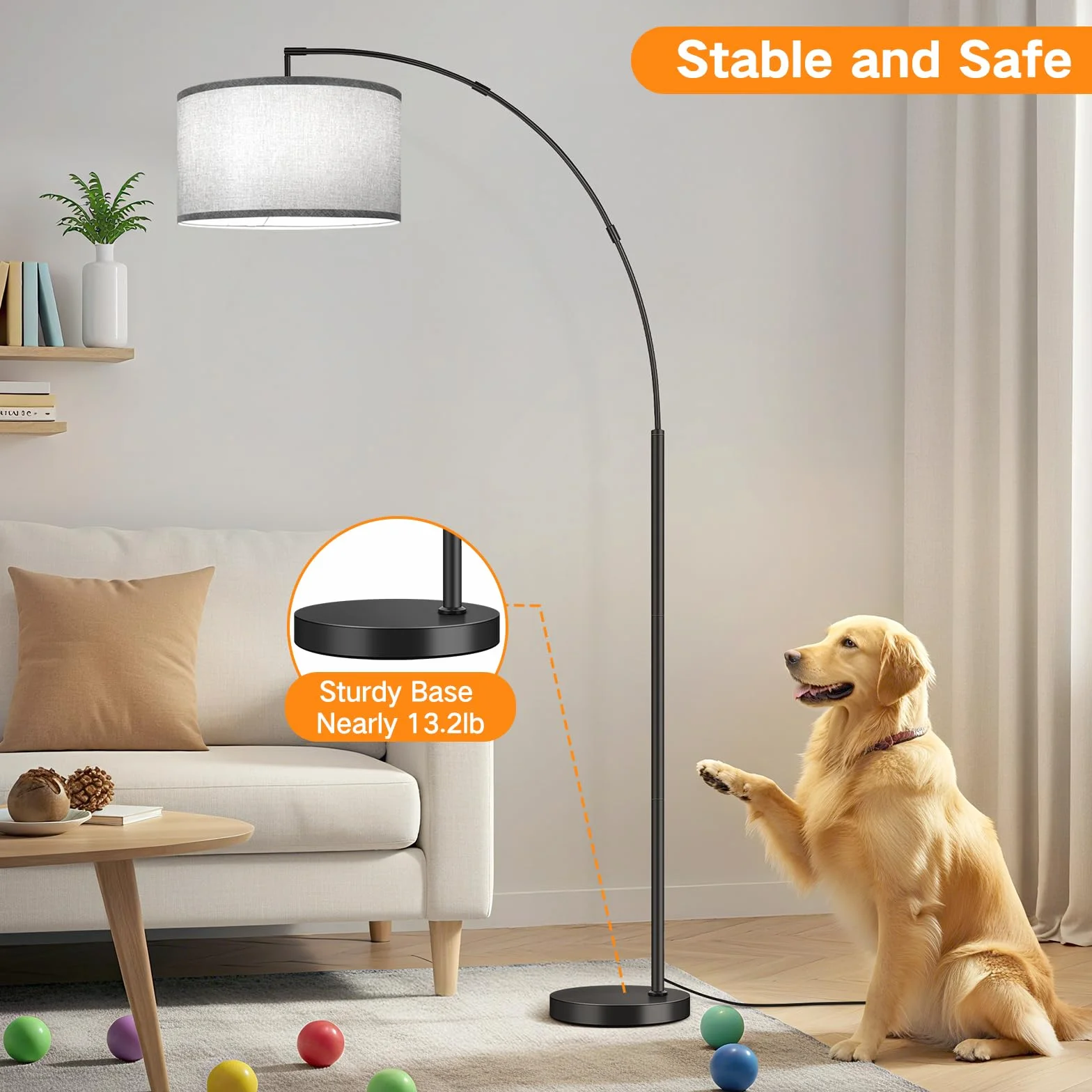 OUTON Lampara de Pie de Arco, 4 Temperaturas de Color, Pantalla Gris 40cm, Control Remoto, Bombilla E27, LED para Salon