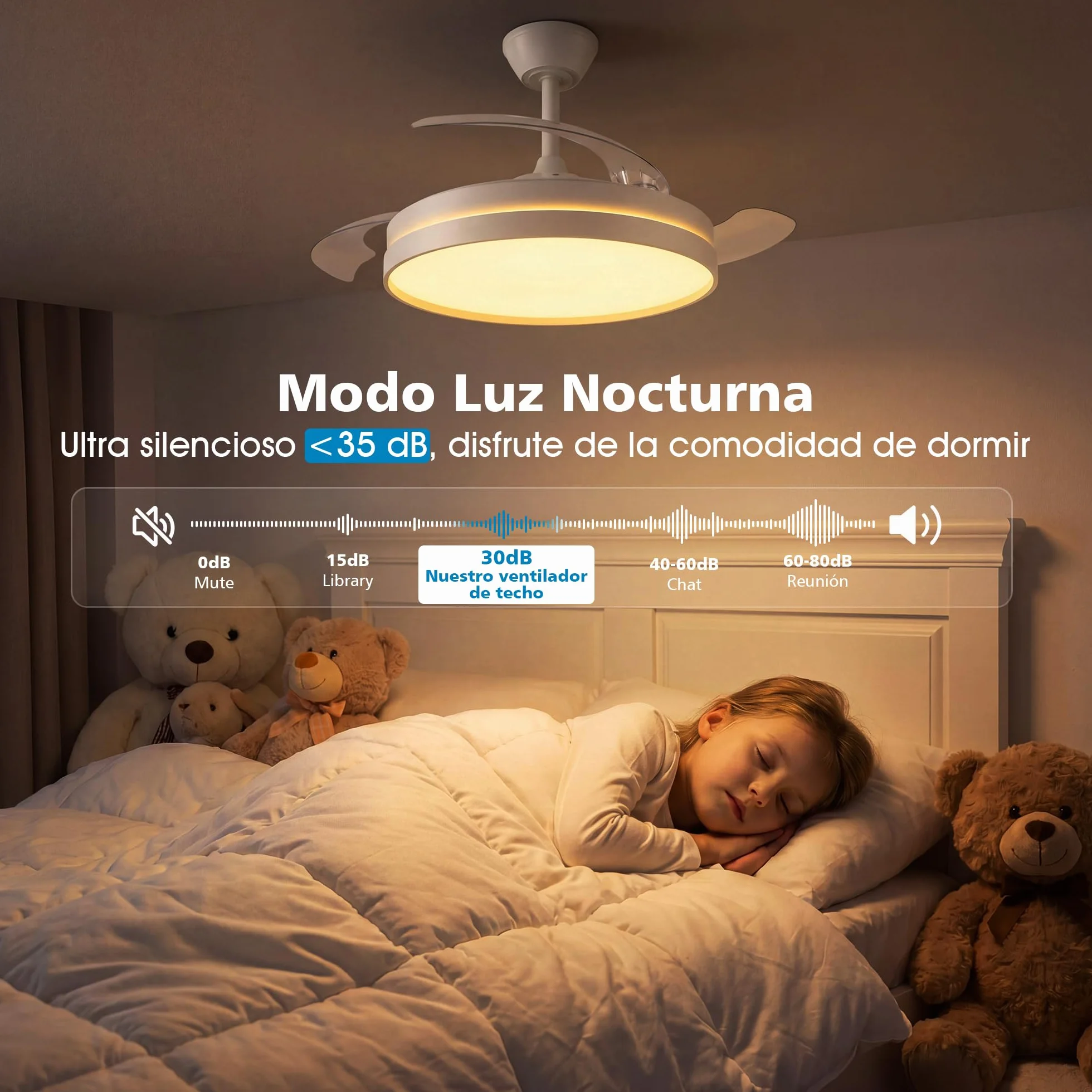 NIORSUN Ventilador de techo con luz,42" (106cm) Ventilador de techo,3 tonalidades, aspas desplegables, 40w 6 velocidades, APP&control remoto, Función Verano-Invierno,Blanco