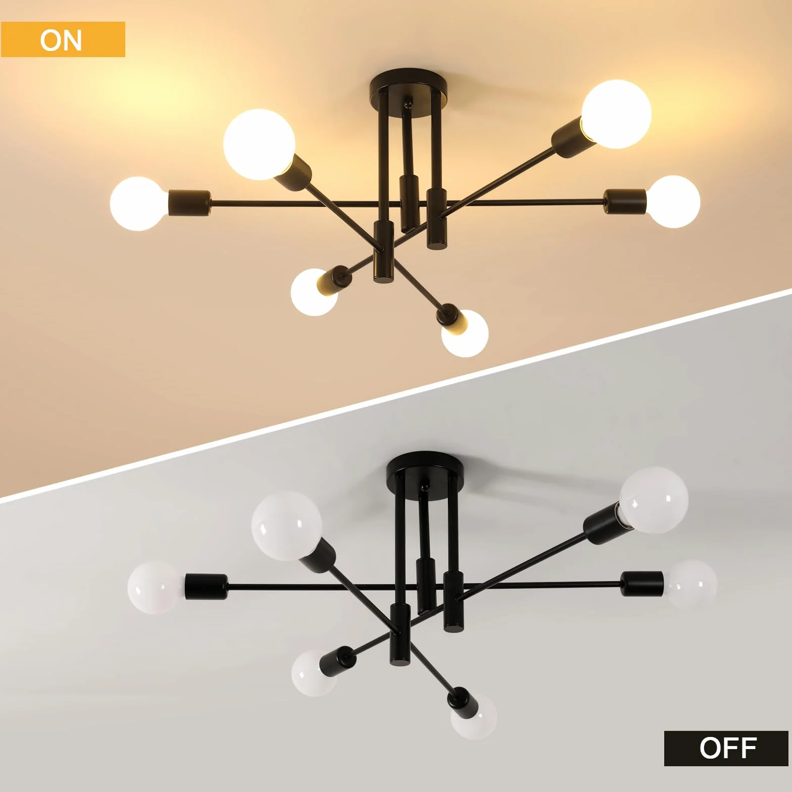 Goeco Lámpara de Araña Negro 70cm 6 Luces E27 Orientable 180° Metal