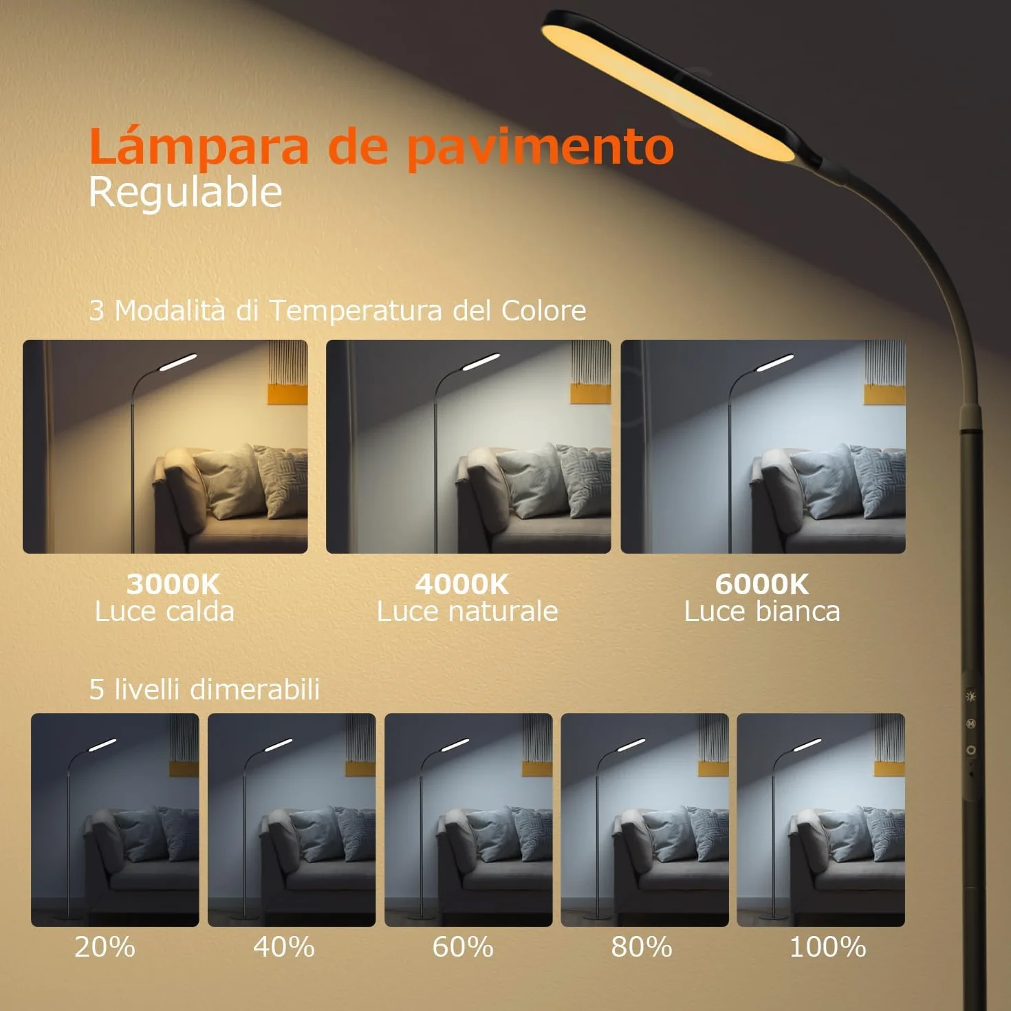 OUSFOT Lámpara de pie LED regulable 170 cm 3000-4000-6000 K Control táctil y remoto