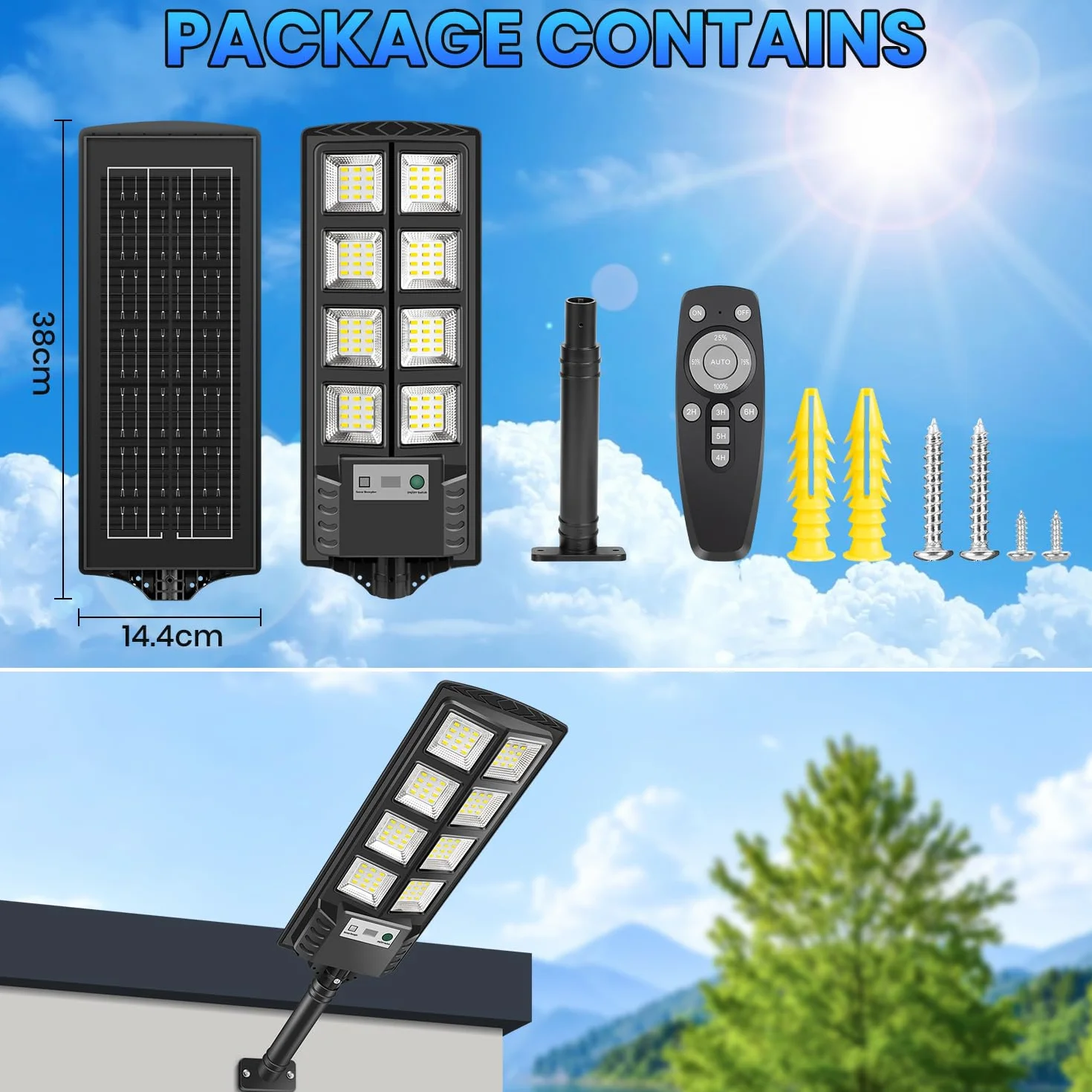 Farolas Solares Exterior, 6000K Focos Solar LED Jardín con Sensor de Movimiento y Control Remoto, IP66 Impermeable Lampara Solar Luz de Seguridad Exterior para Garage Patio Calle, 2 Pack