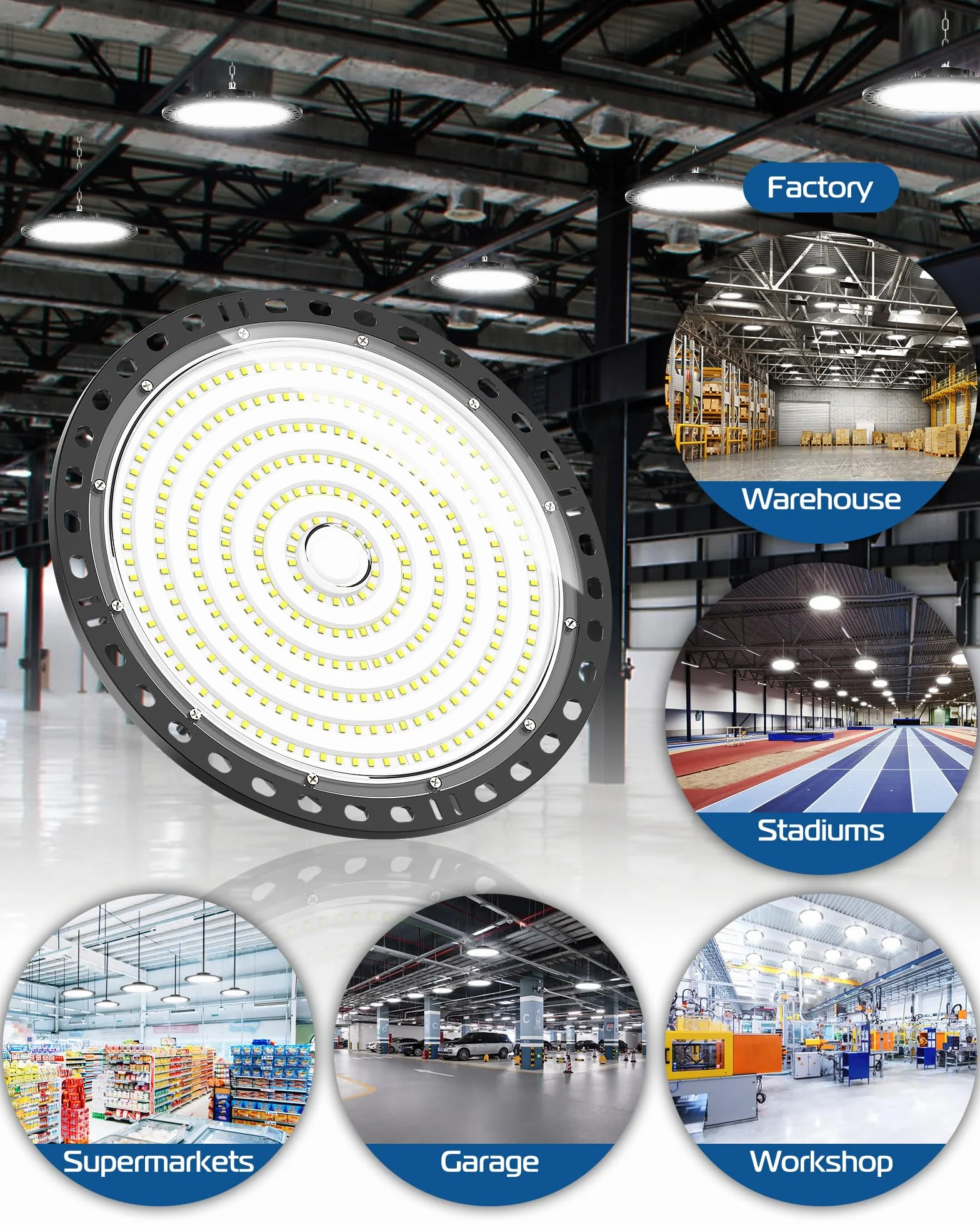 UFO Lámpara de Alta Bahía LED 200W 20000LM 6500K IP65 Impermeable para Garaje Fábrica Taller
