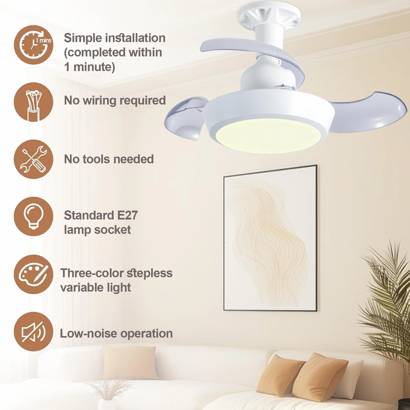 IERAKOR Ventilador de Techo con Luz E27 42CM Lámpara LED Silencioso 33W Regulable 3 Velocidades Aspas Ocultas