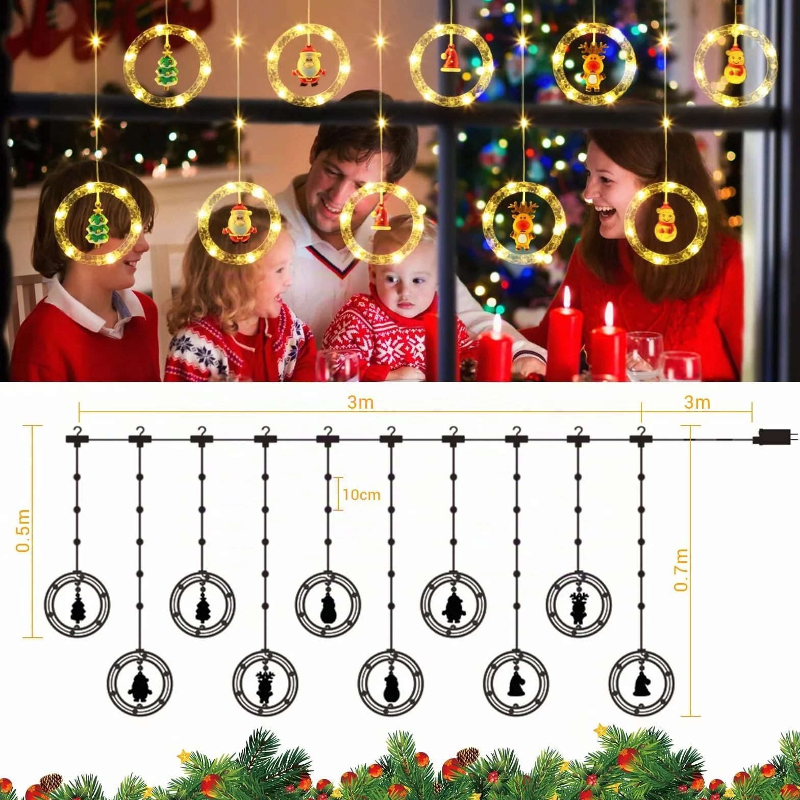 GlobaLink 3M x 0.7M Cortina Luces Navidad Enchufe con 10 Anillos Estatua, Impermeables 8 Modos Adornos para Natal Ventana Bodas Exterior Interior, Luz de Cadena Guirnalda, 100 LED, Blanco Cálido