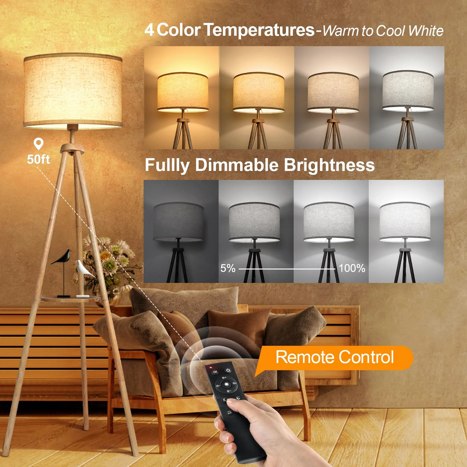 OUTON Lámpara de Pie con Control Remoto, Ajustable, 4 Temperaturas de Color, Temporizador 1H, Madera