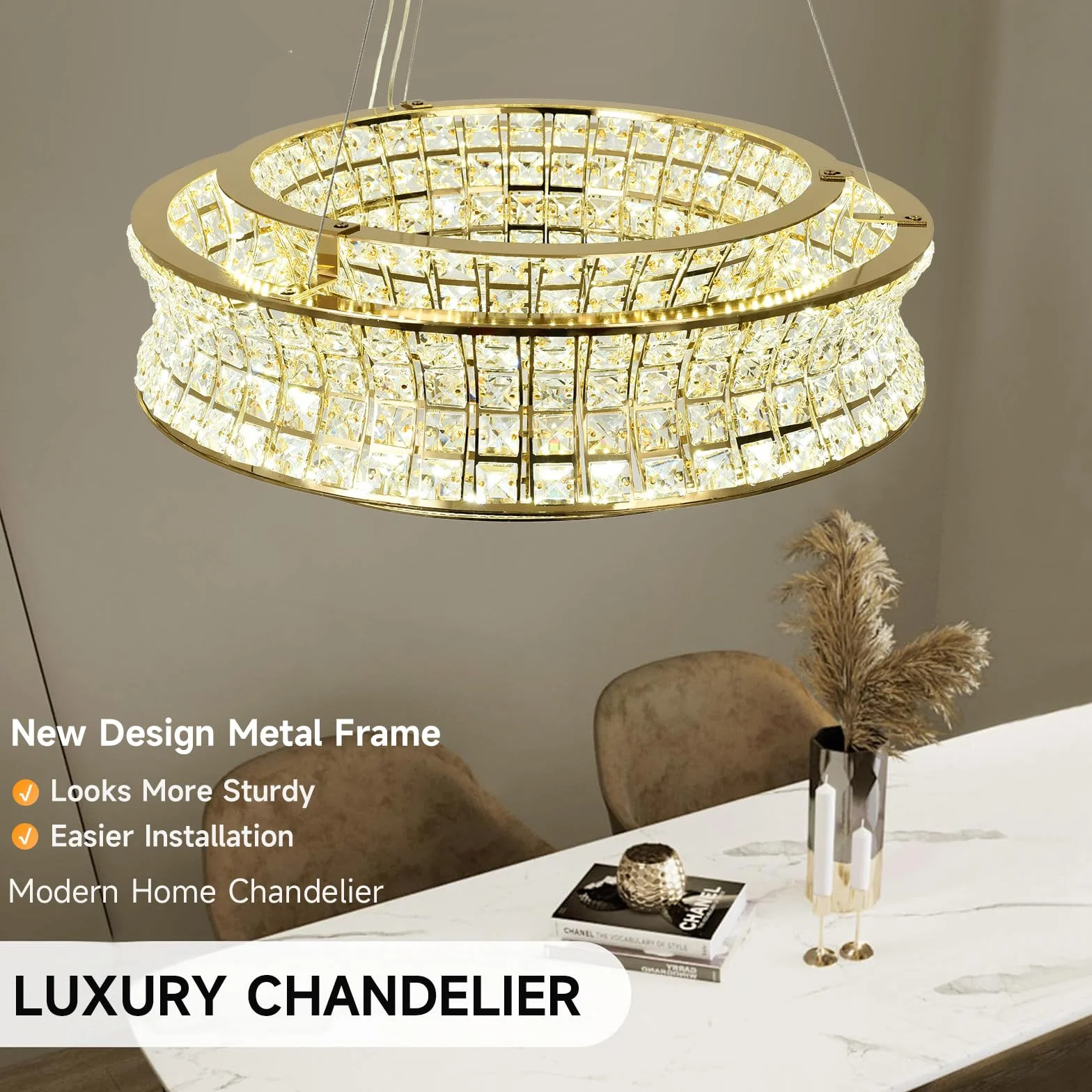 Lámpara de araña moderna de cristal dorado LED 50 cm ajustable para vestíbulos