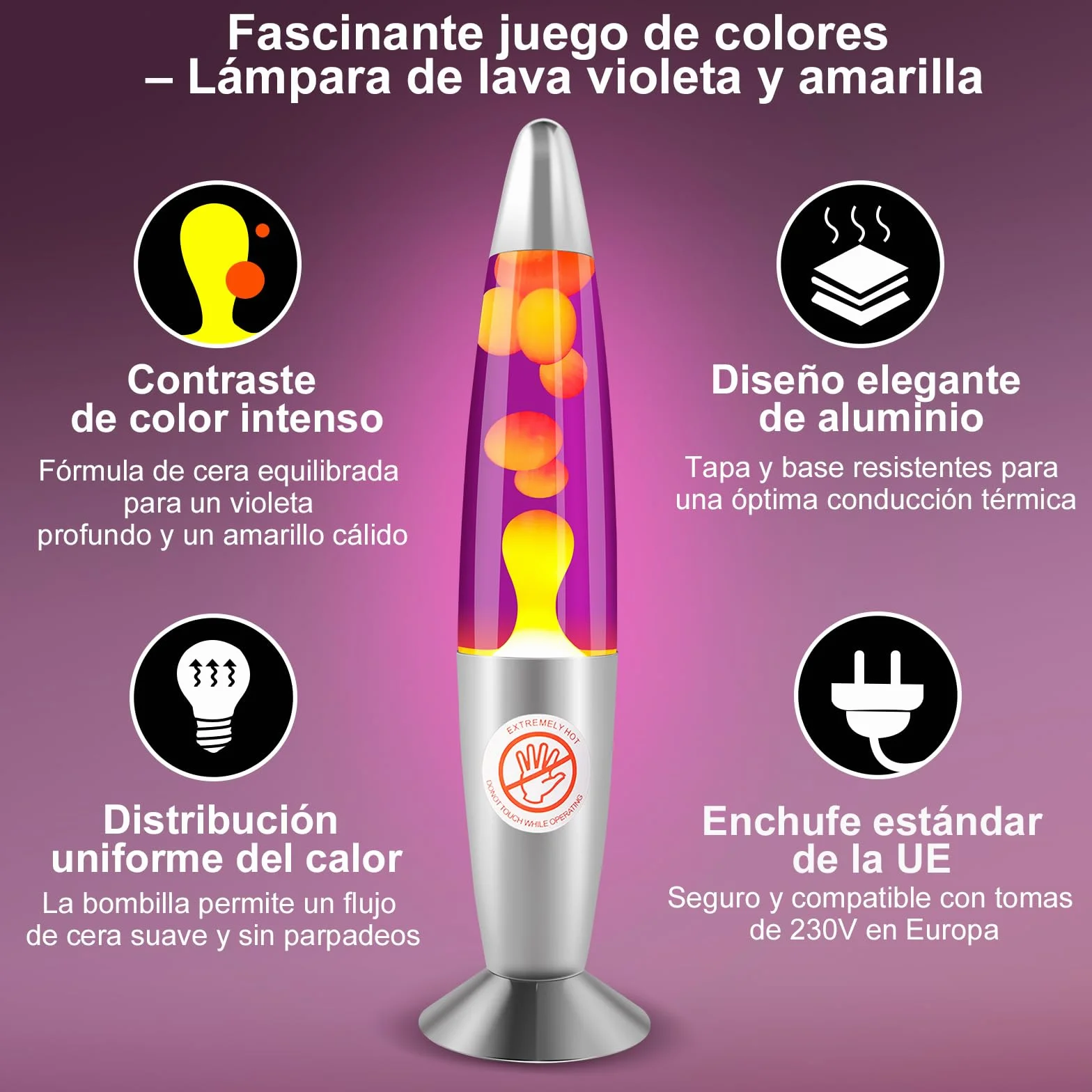 Lámpara de lava retro 34 cm violeta y amarilla – decorativa y relajante, aluminio y vidrio – para dormitorio y salón, regalo original – E14 R39 25 W, 2 bombillas incluidas