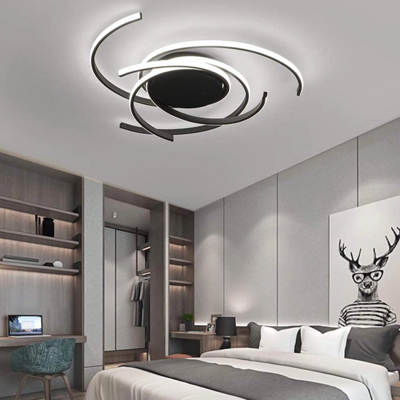 Lámpara de techo LED regulable con control remoto, araña de acrílico y metal, diseño flor espiral, negro