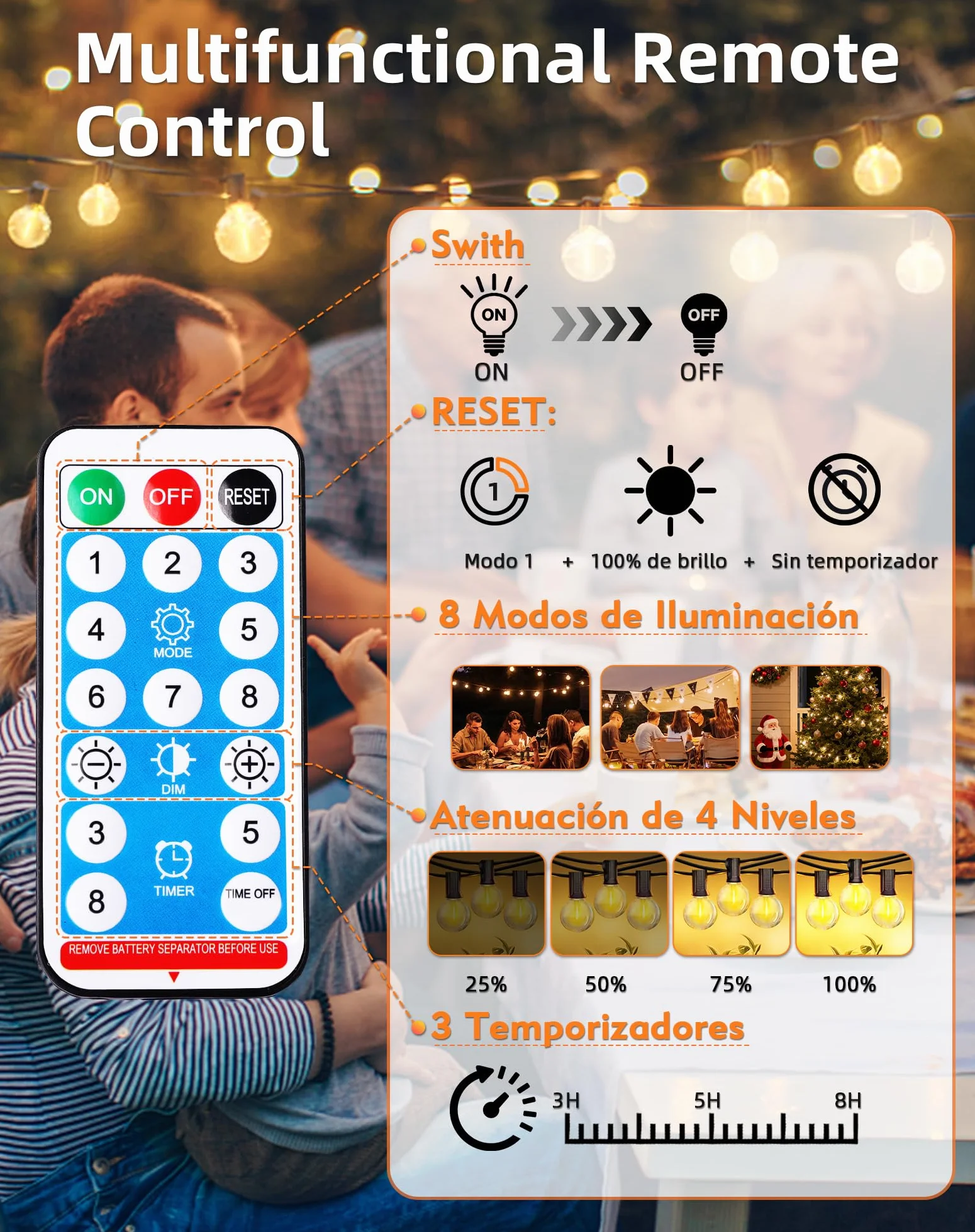 Guirnaldas Luces Exterior Solar 15M 25+3 LED G40 Impermeable IP44 3600 mAh 8 Modos Control Remoto