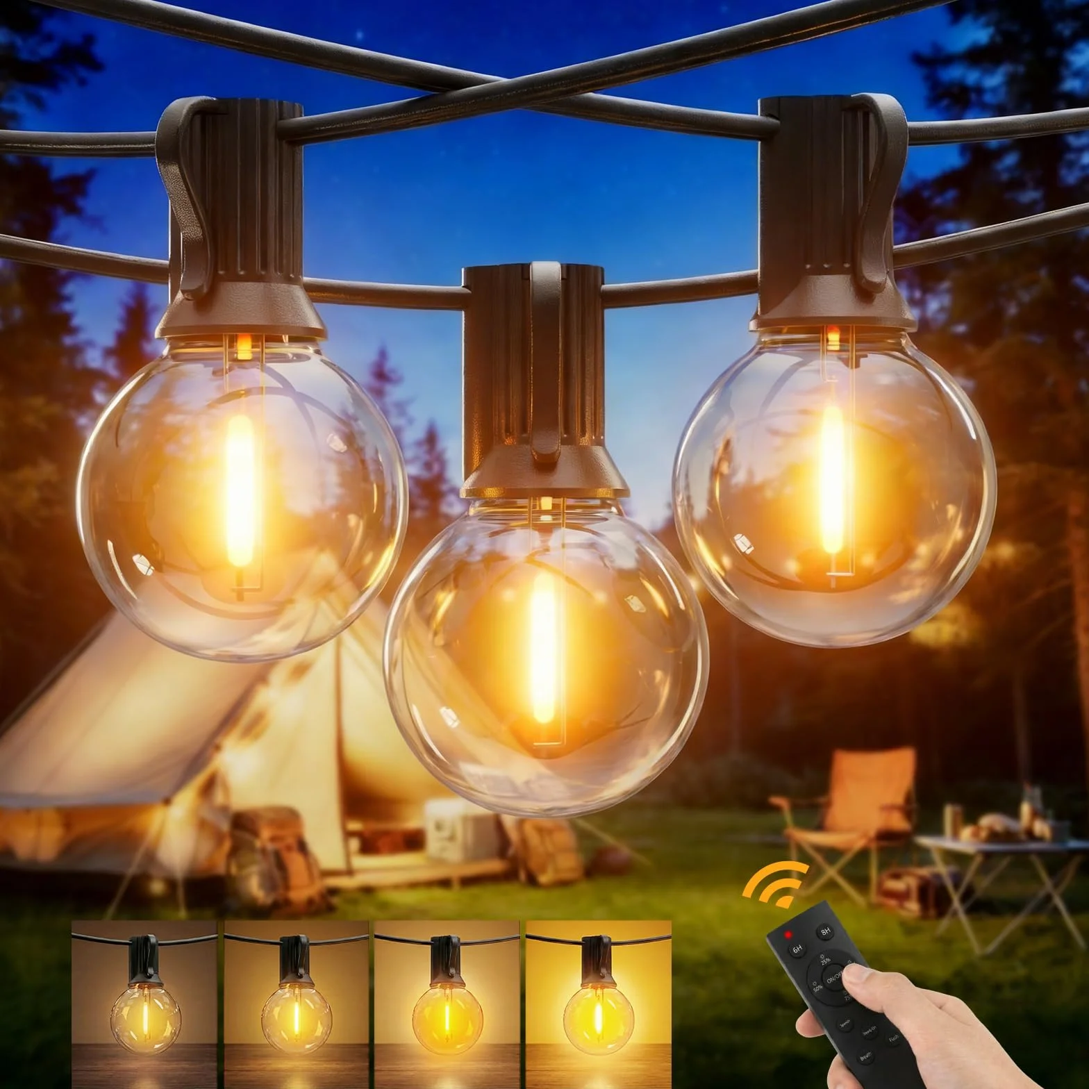 Yuusei Guirnalda LED Exterior 30M, 52 Bombillas Plástico Inastillable, Impermeable 4 Modos Control Remoto