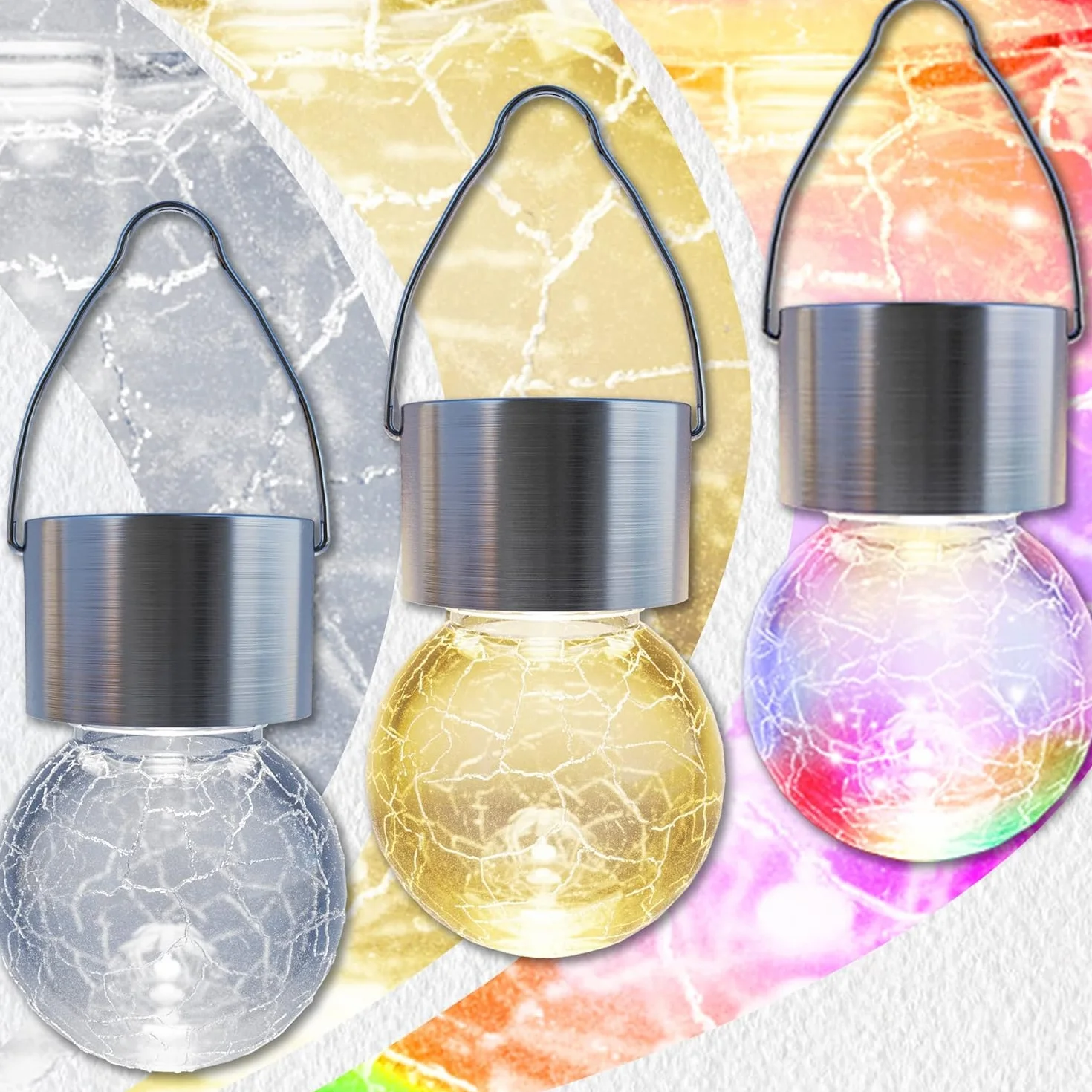 GIGALUMI Paquete de 12 luces solares para exteriores, luces solares colgantes para decoración de Navidad, luces solares de vidrio agrietado para exteriores, impermeables, para jardín, patio, valla,
