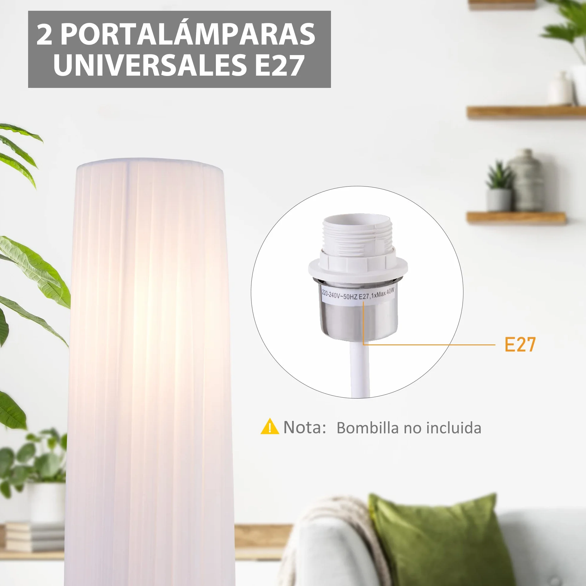 HOMCOM Lámpara de Pie Moderna 120 cm Blanco E27 Acero Inoxidable Bajo Consumo
