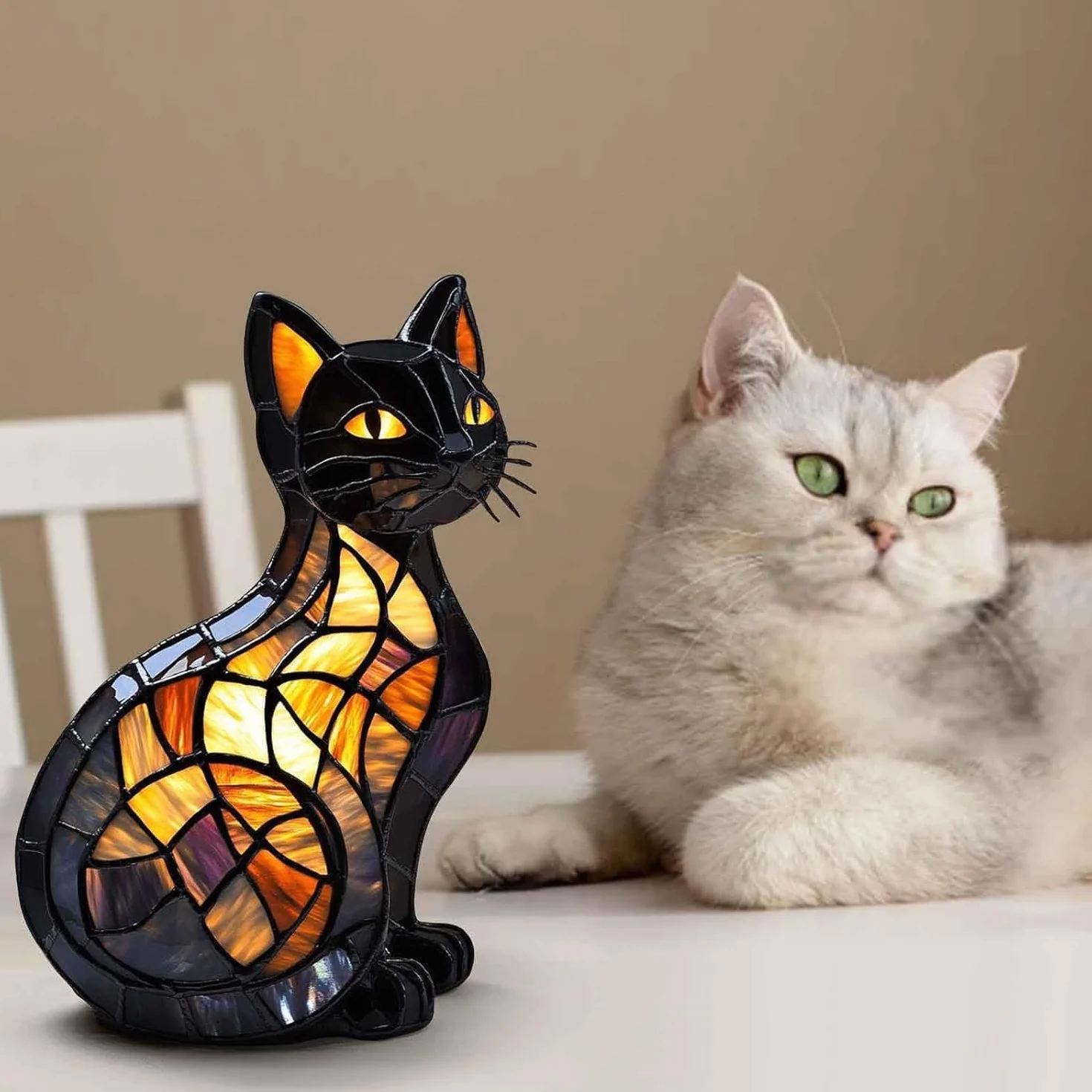 Solymall Glowkitty Cat Lamp Stained Glass Retro Resin Tabletop Night Light 3D Cute Pet LED Table Light