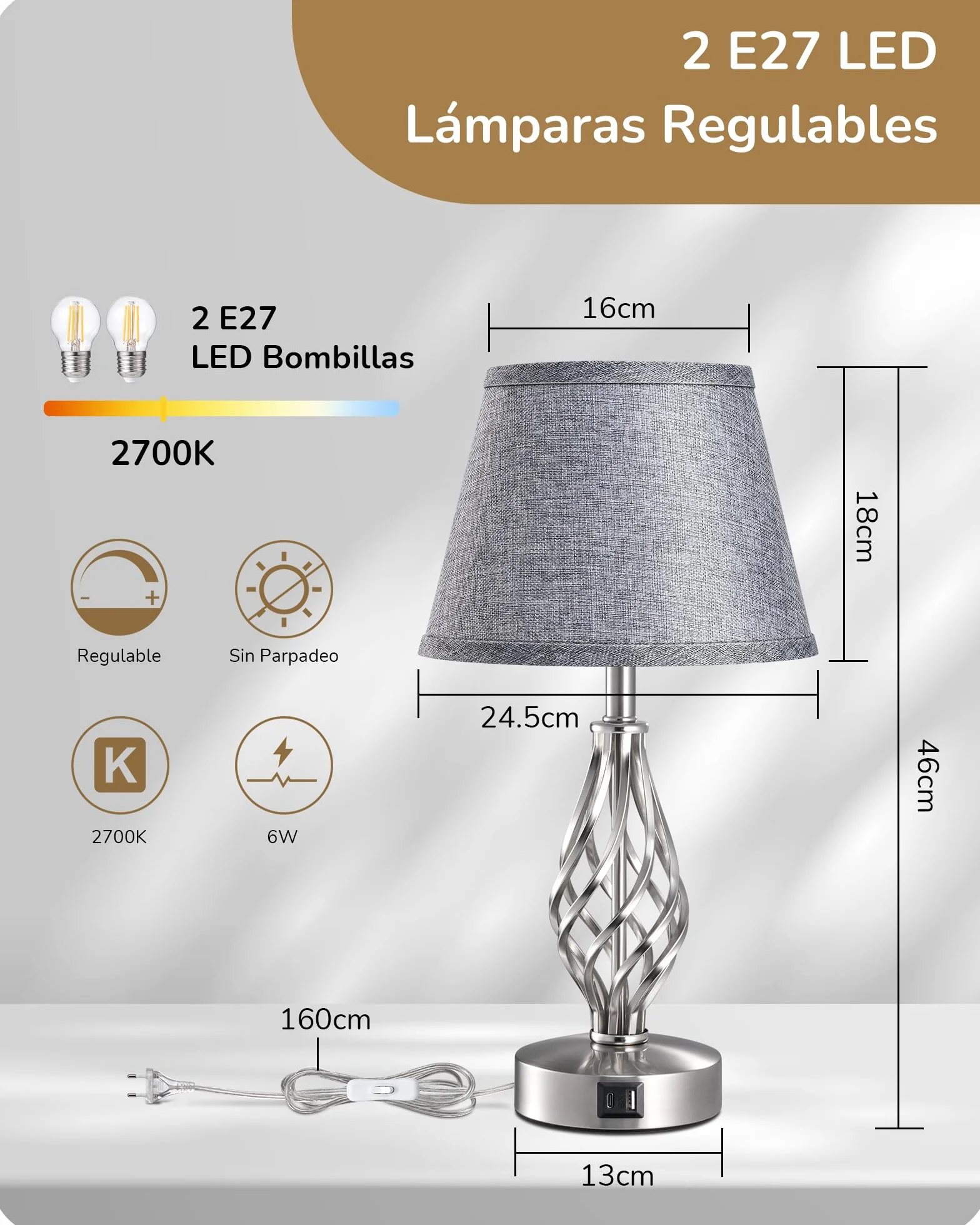 EDISHINE Lámpara de Noche LED Regulable Táctil 2 Lámparas de Mesa 2 Puertos USB de Carga para Dormitorio, Salón, Alféizar de Ventana, Regalo, Pantalla de Lino, Gris